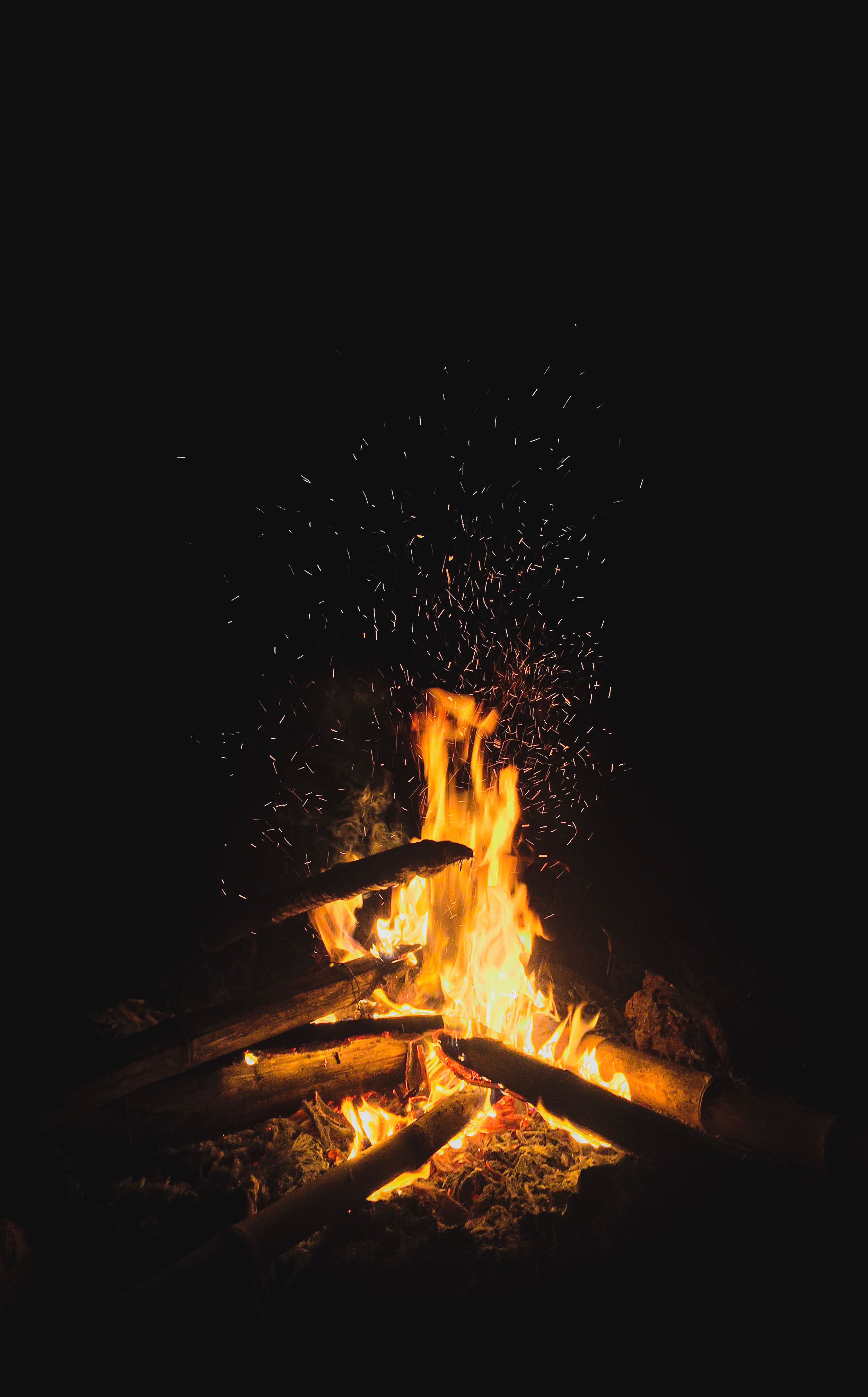 flame, fire, bonfire, dark, sparks, firewood