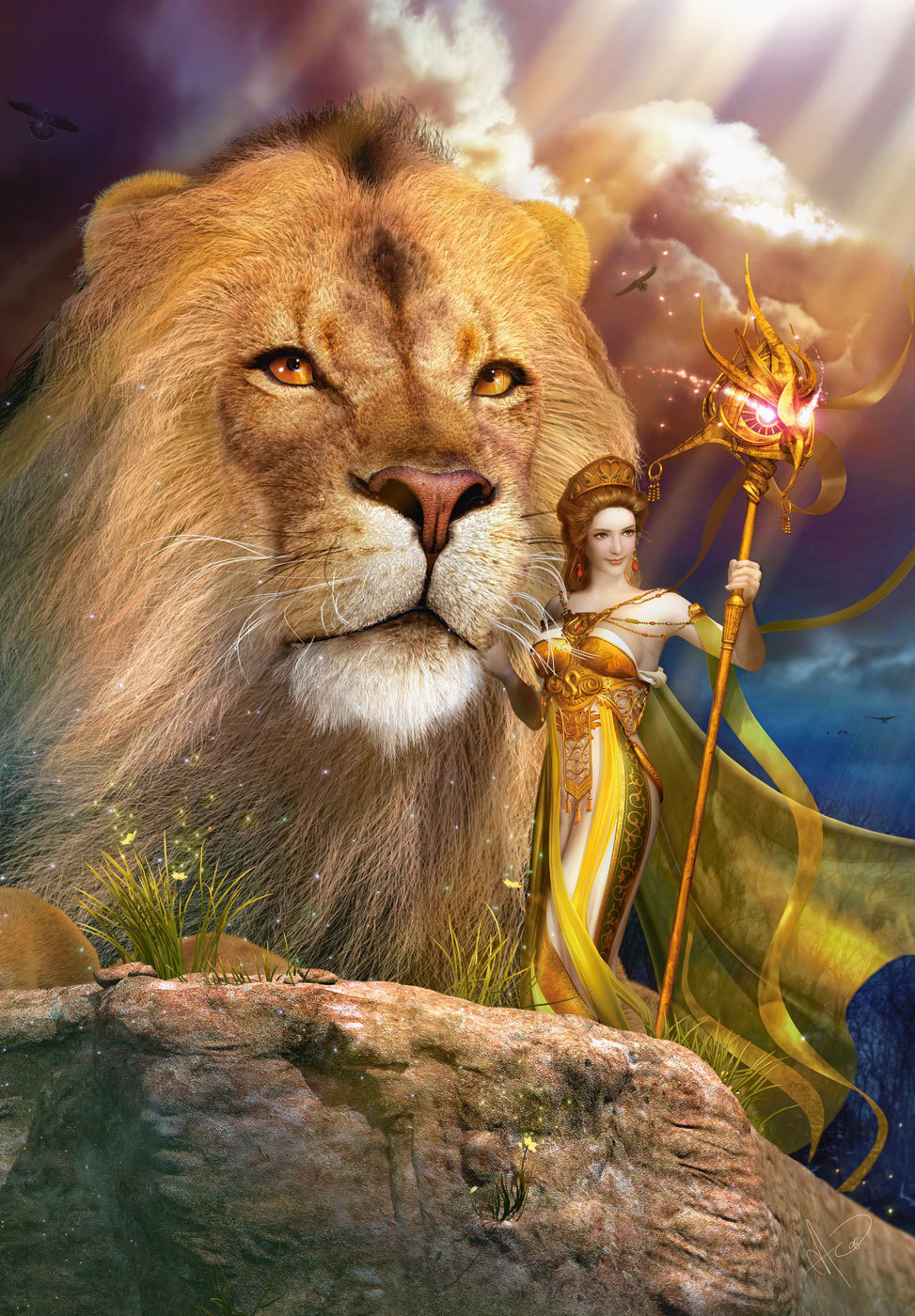 14327 download wallpaper fantasy, people, lions, girls, orange screensavers and pictures for free