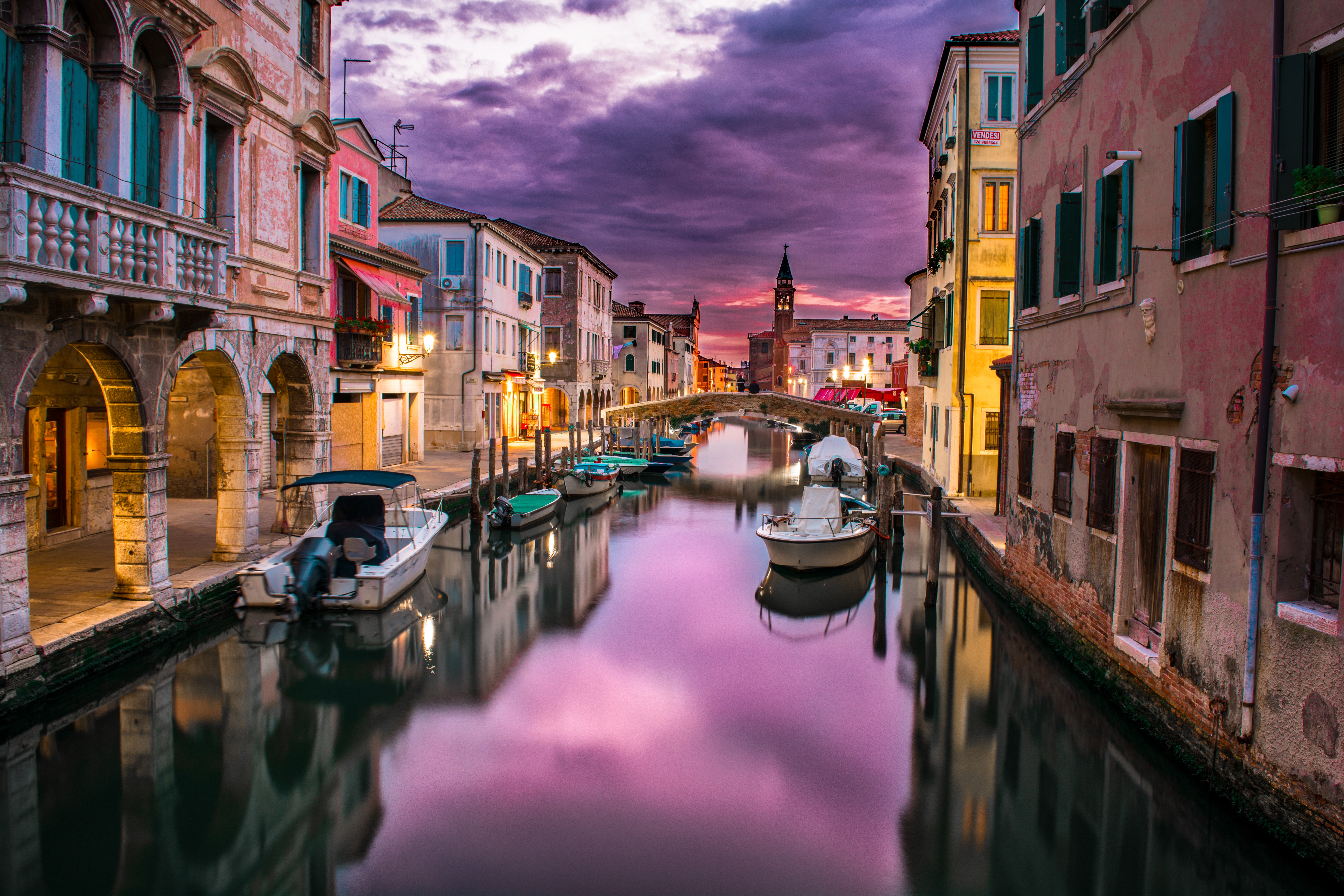 venice, reflection, man made, boat, canal, chioggia, house, sunset, cities