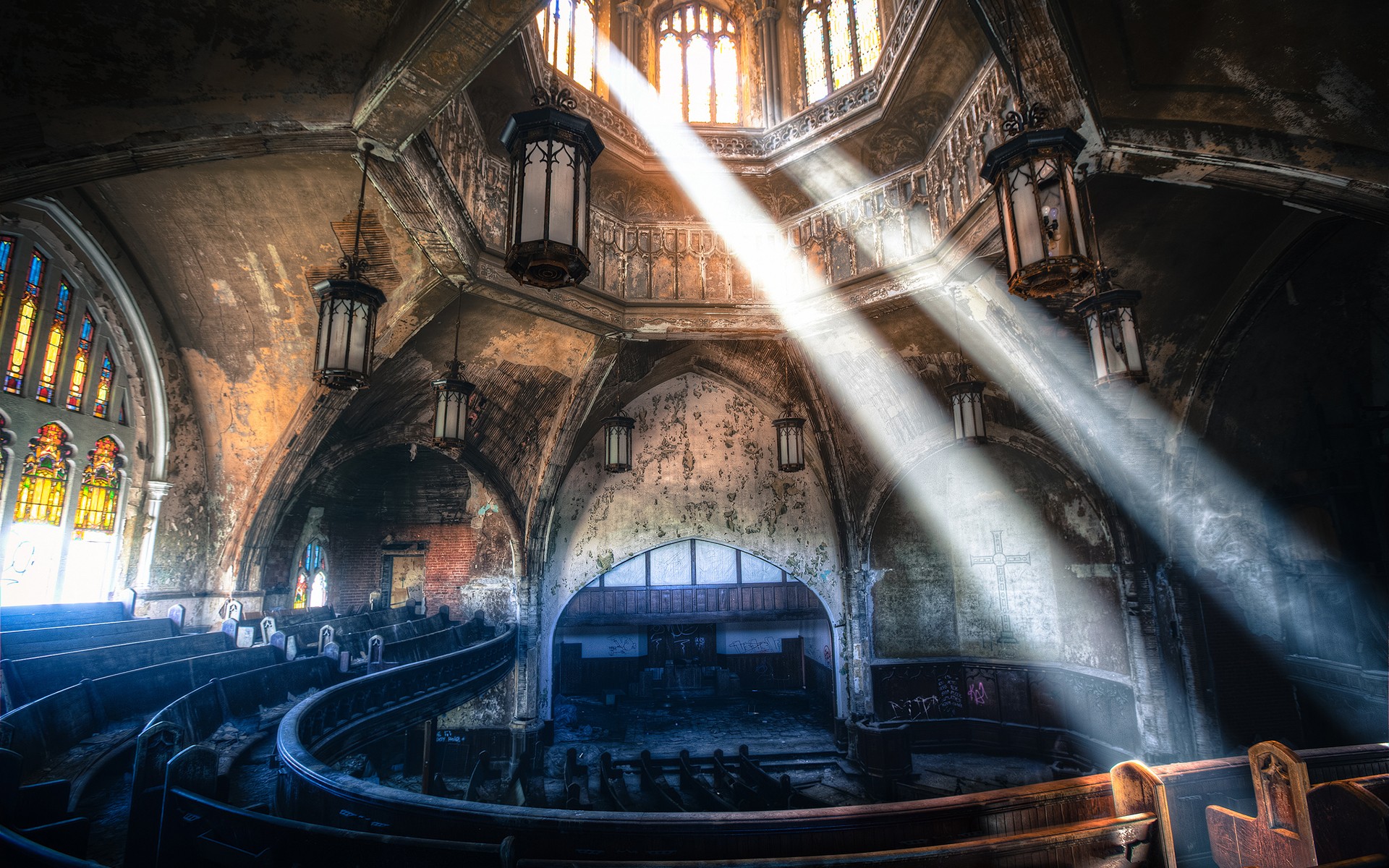 religious, church, abandoned, architecture, ruin, stained glass, sunbeam, theatre, churches Phone Background
