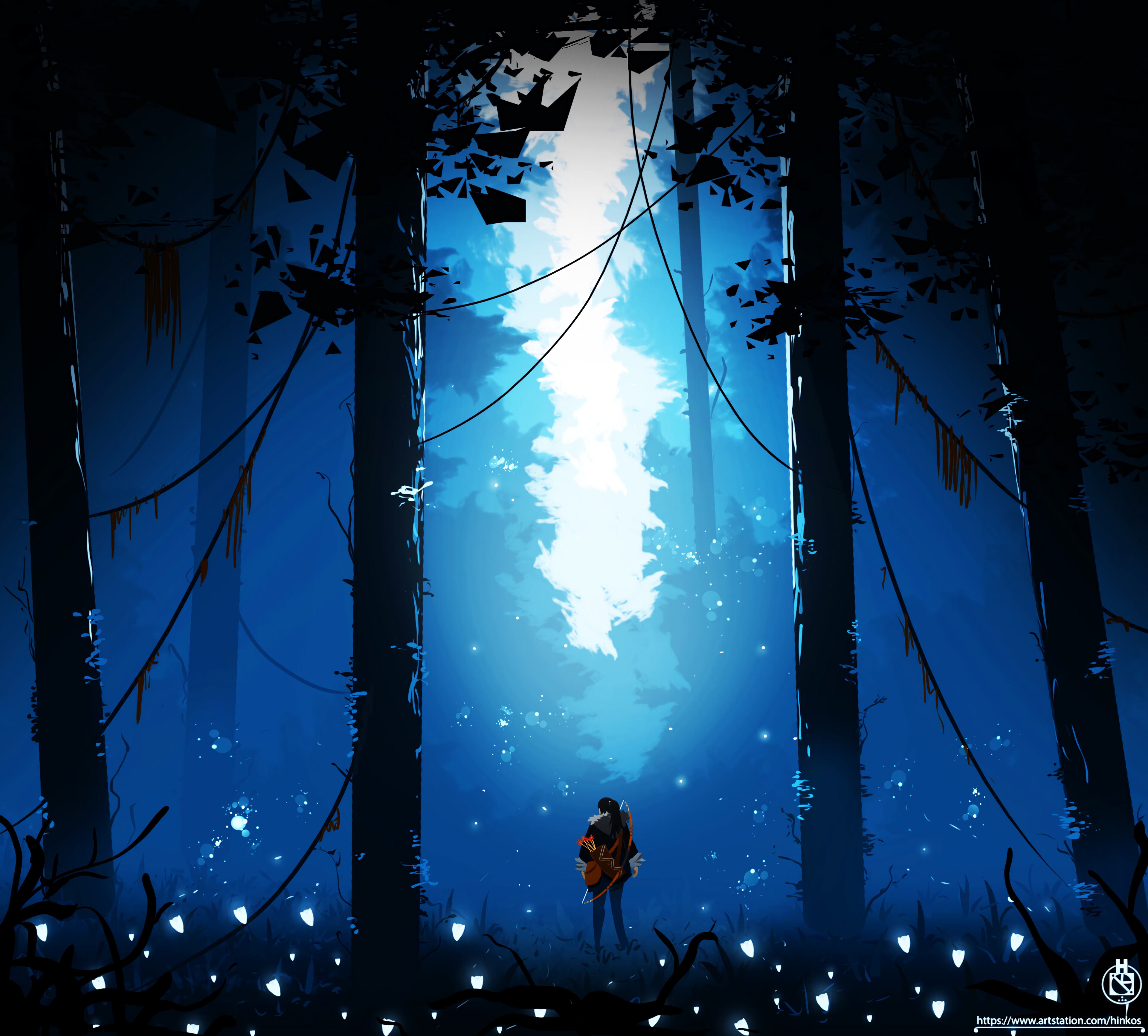 glow, trees, art, forest, hunter download HD wallpaper