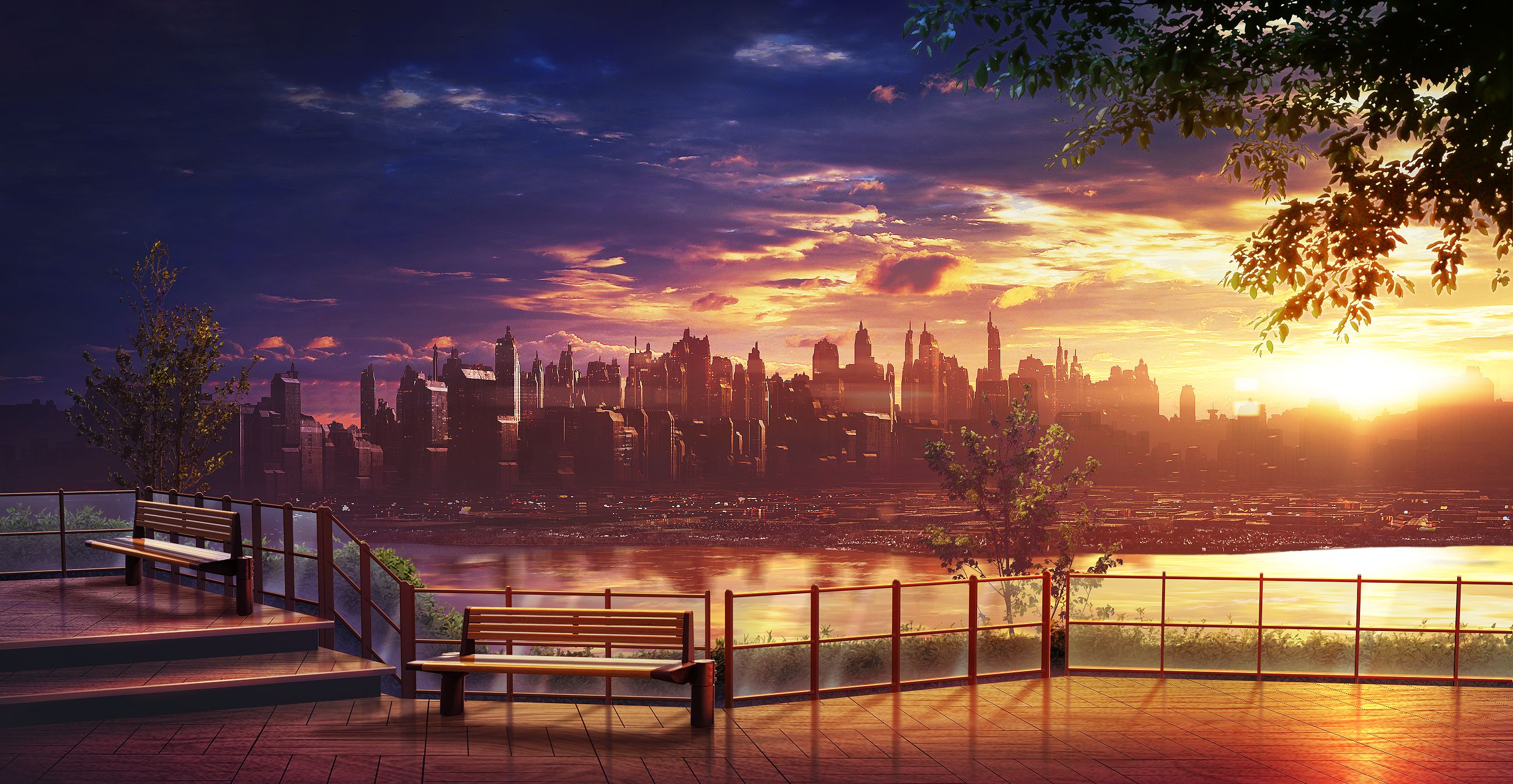 stairs, sky, evening, anime, city, bench, cloud, lake, parc, sunset