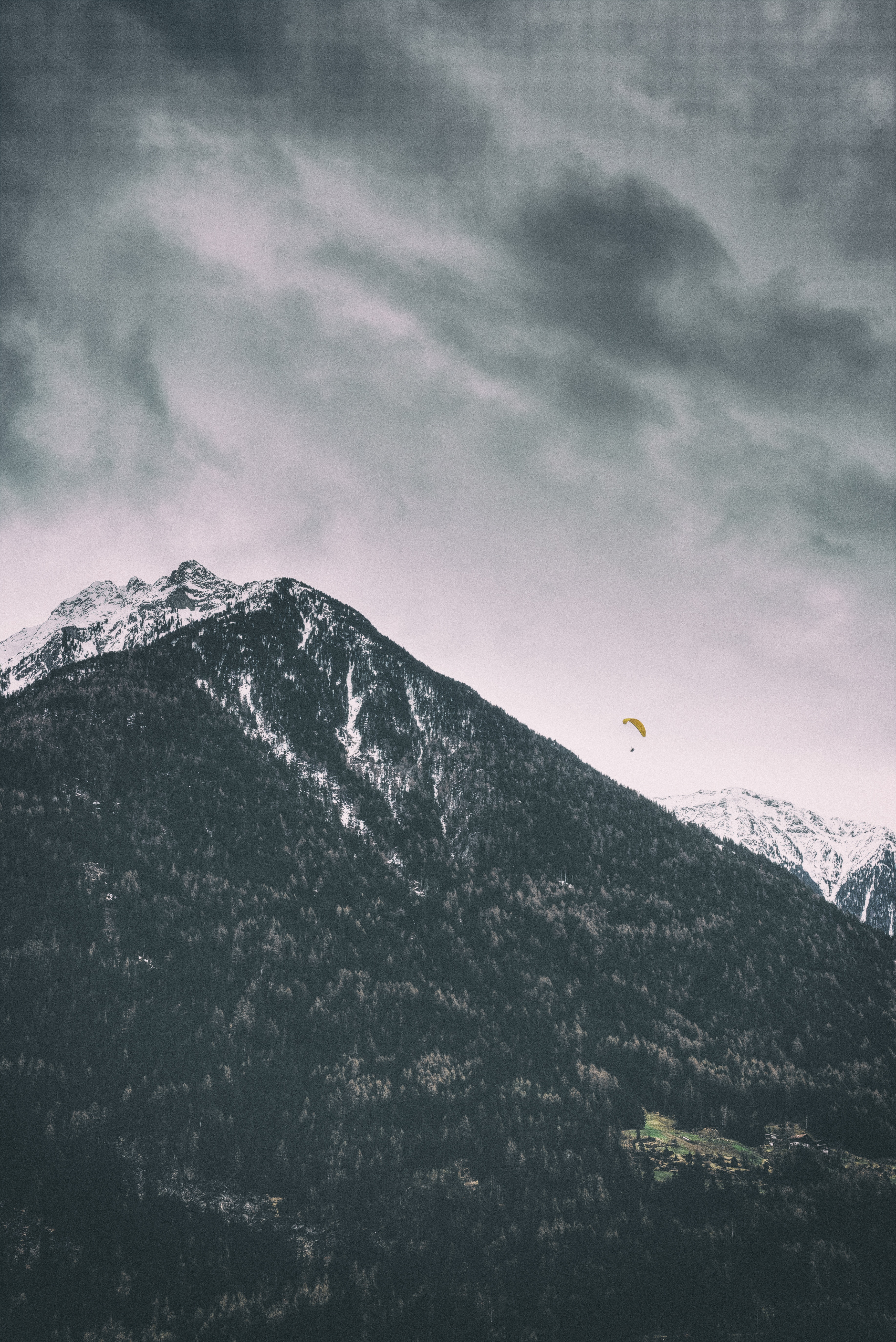 nature, trees, mountains, vertex, top, snow covered, paragliding, paraglider, snowy Full HD