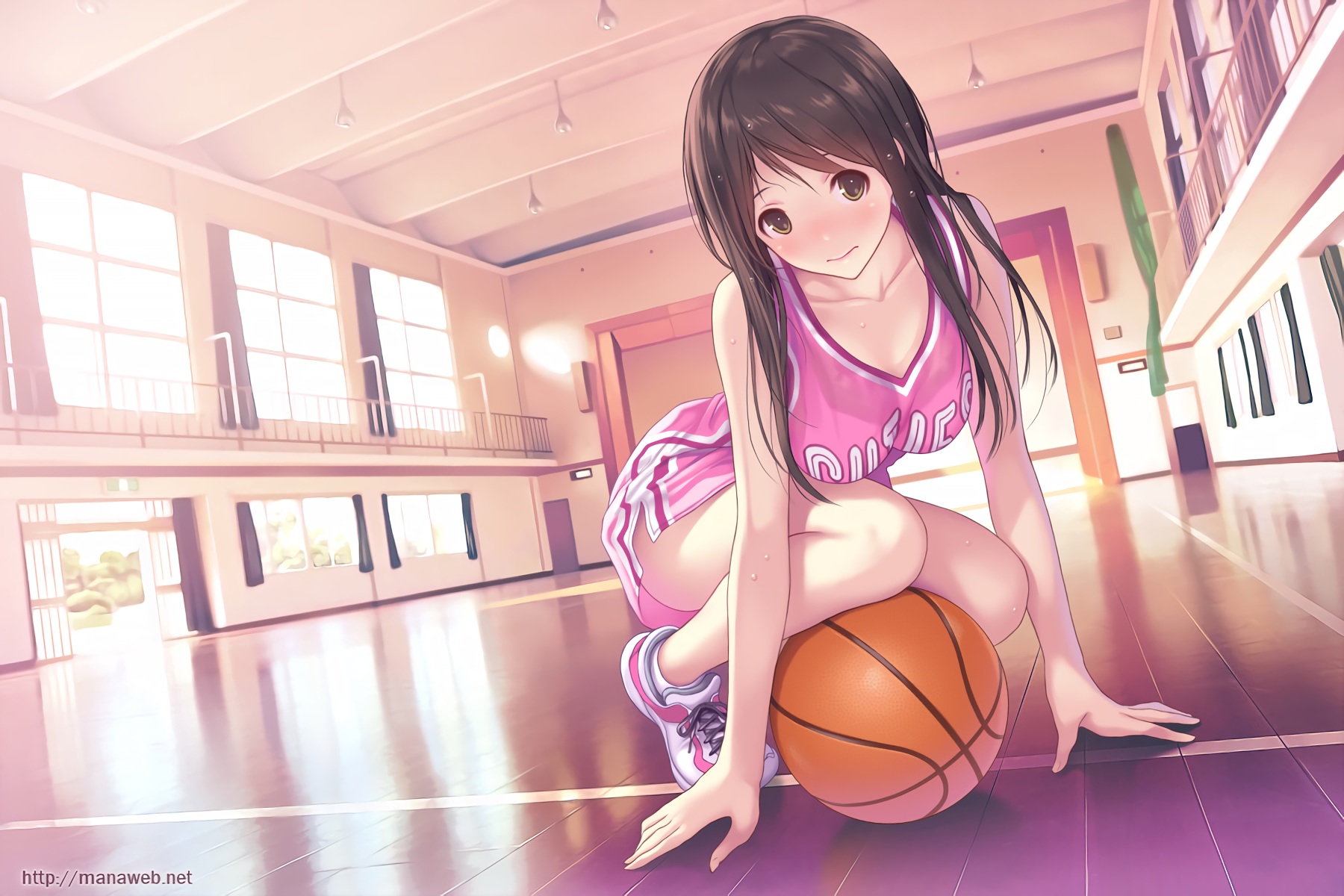 girl, ball, anime, long hair, basketball, brown hair, sneakers, sportswear 8K