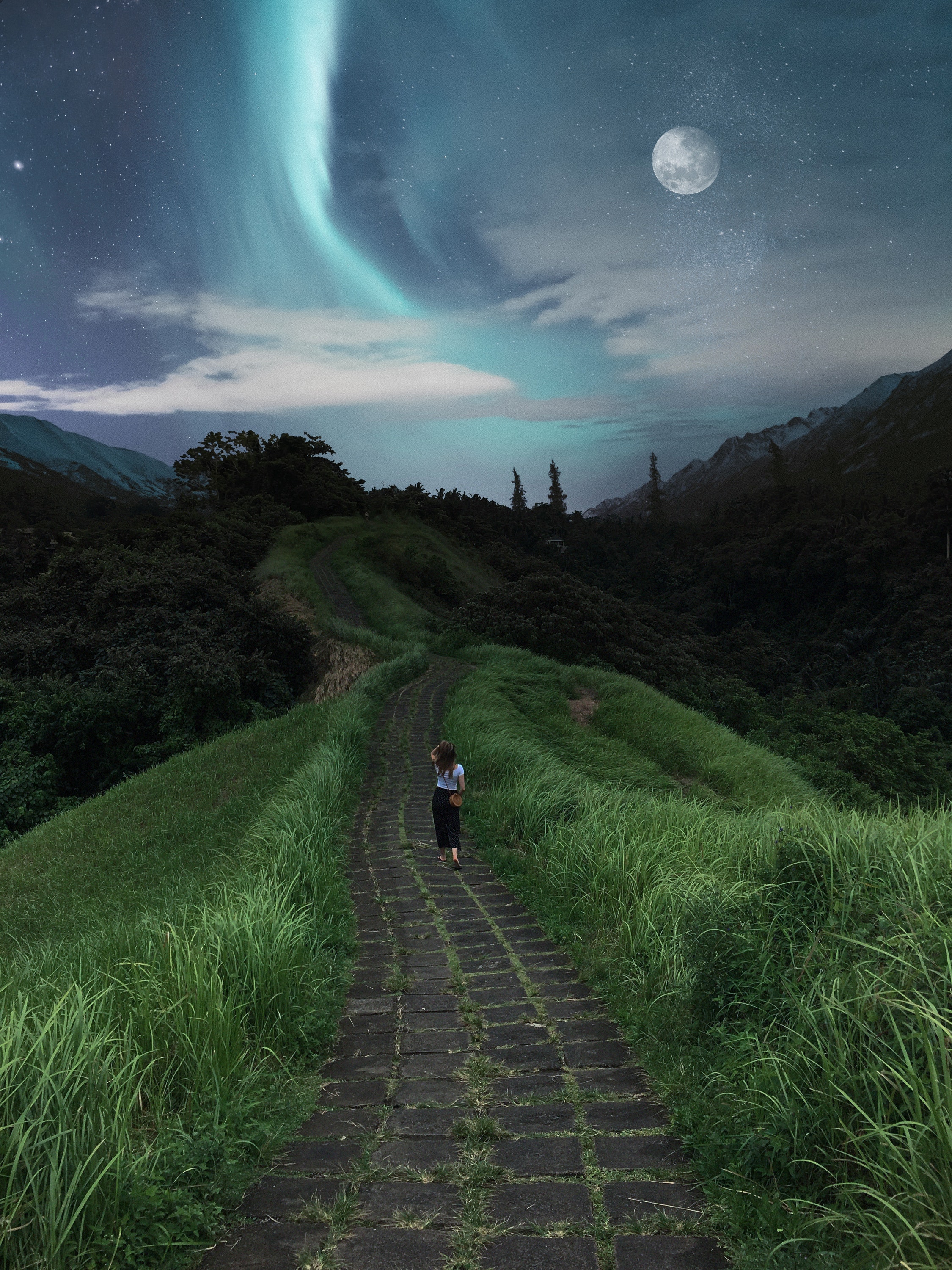 Download mobile wallpaper Loneliness, Grass, Girl, Nature, Stars, Path for free.