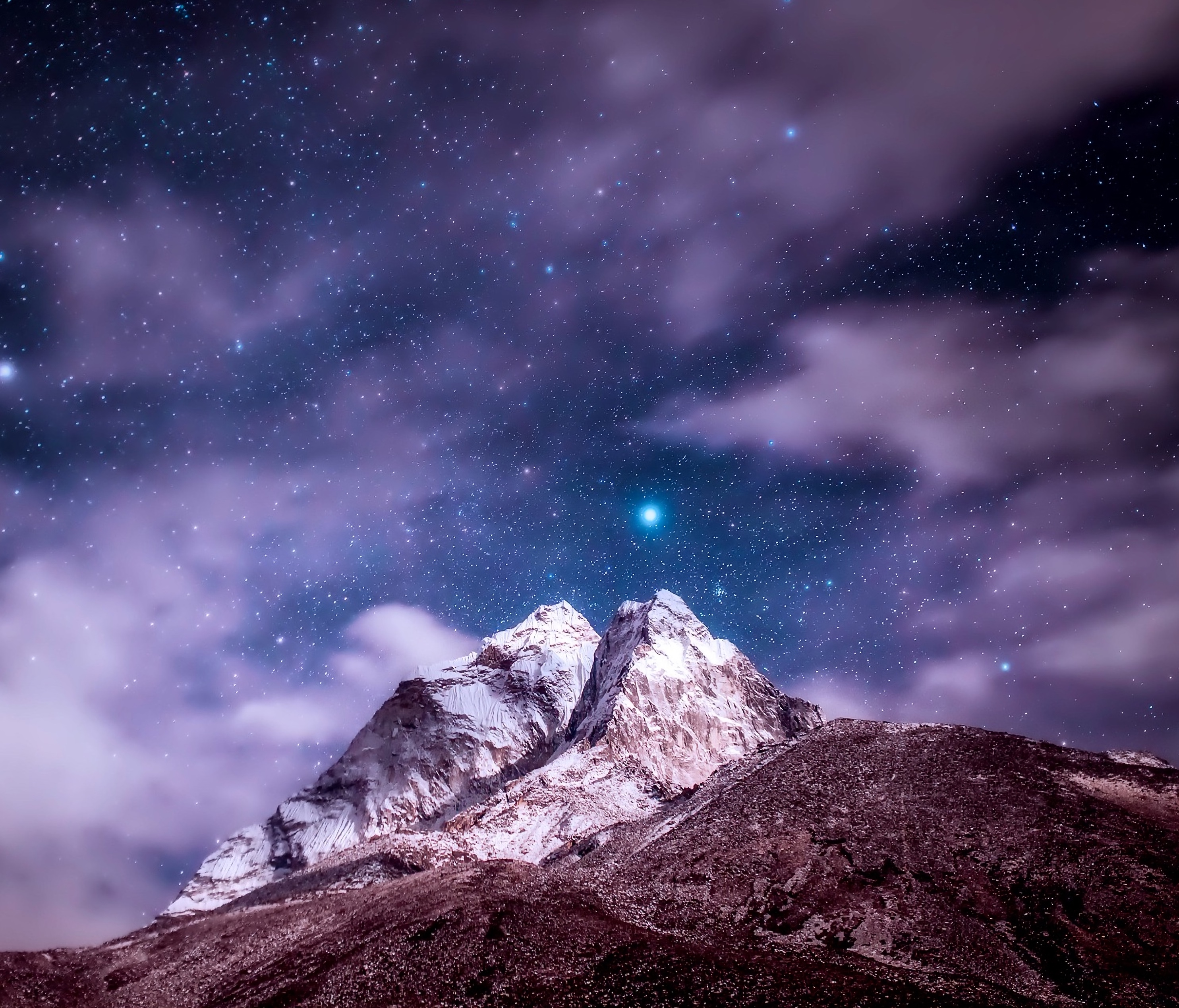 nature, starry sky, snow covered, vertex, himalayas, top, snowbound, clouds, mountains HD wallpaper