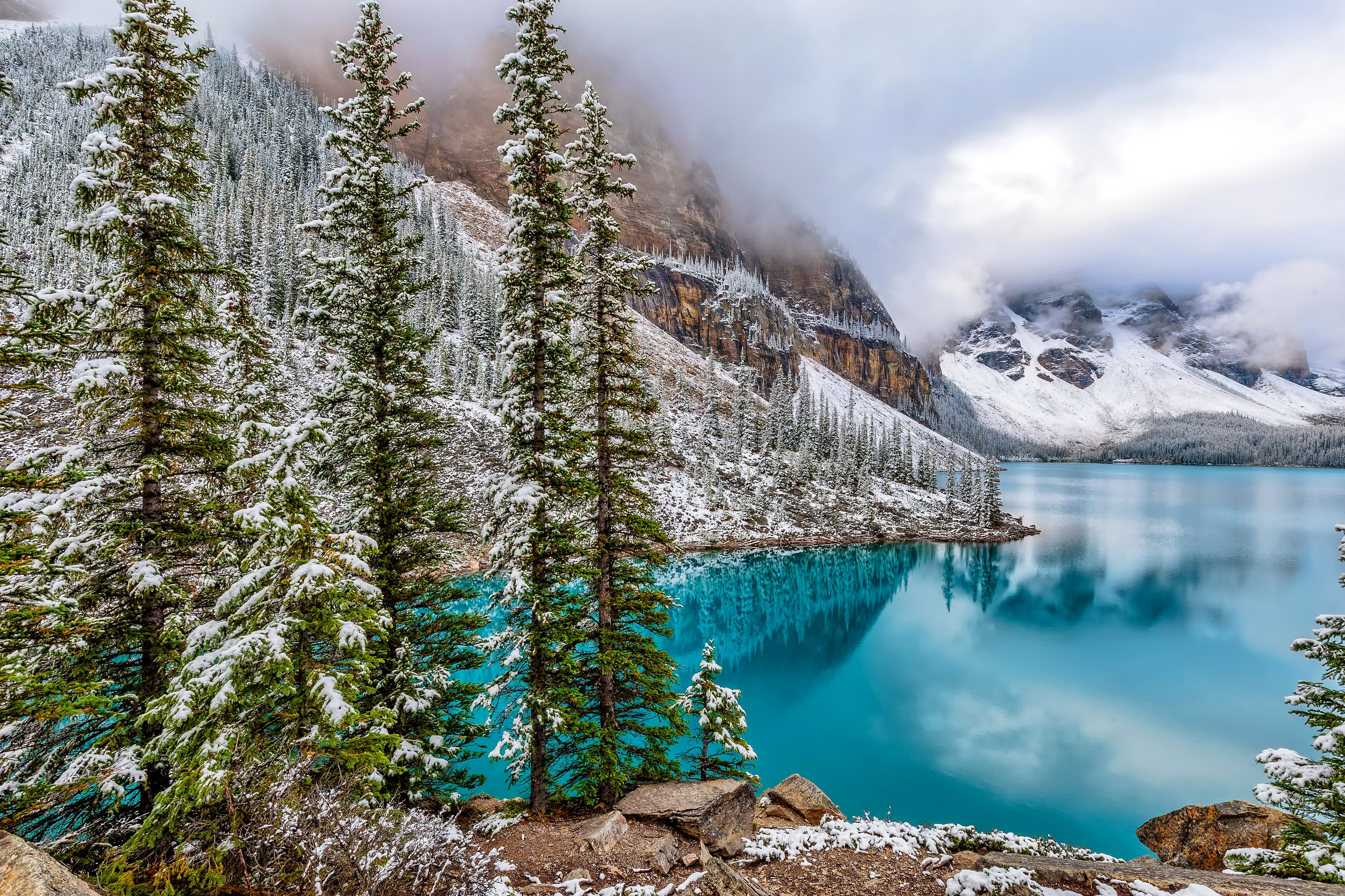 canada, winter, lakes, earth, moraine lake, lake, mountain, reflection, snow, tree, turquoise