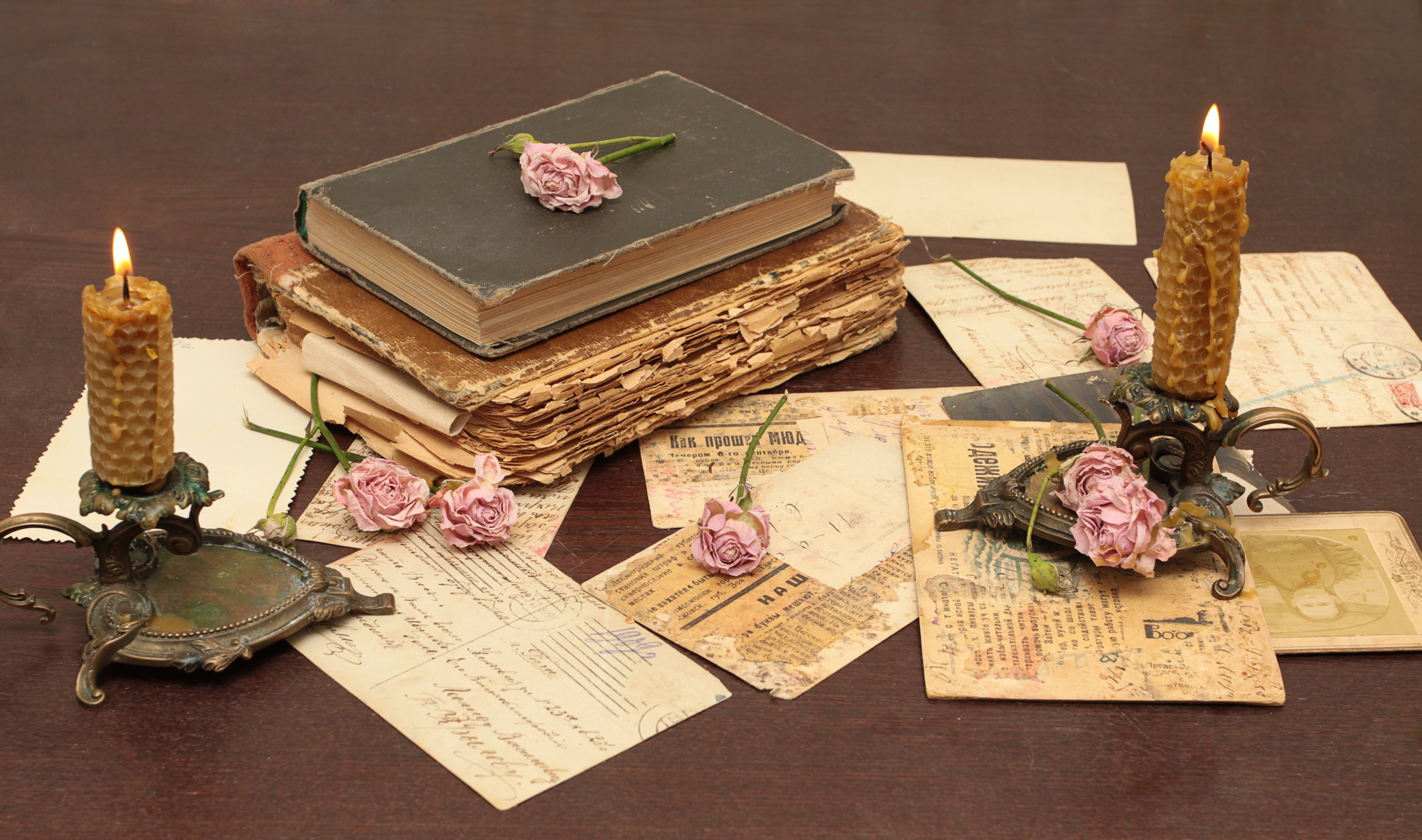 miscellaneous, old, vintage, miscellanea, books, flowers, roses, candles, postcards, table, paper, letters, candlesticks 1080p