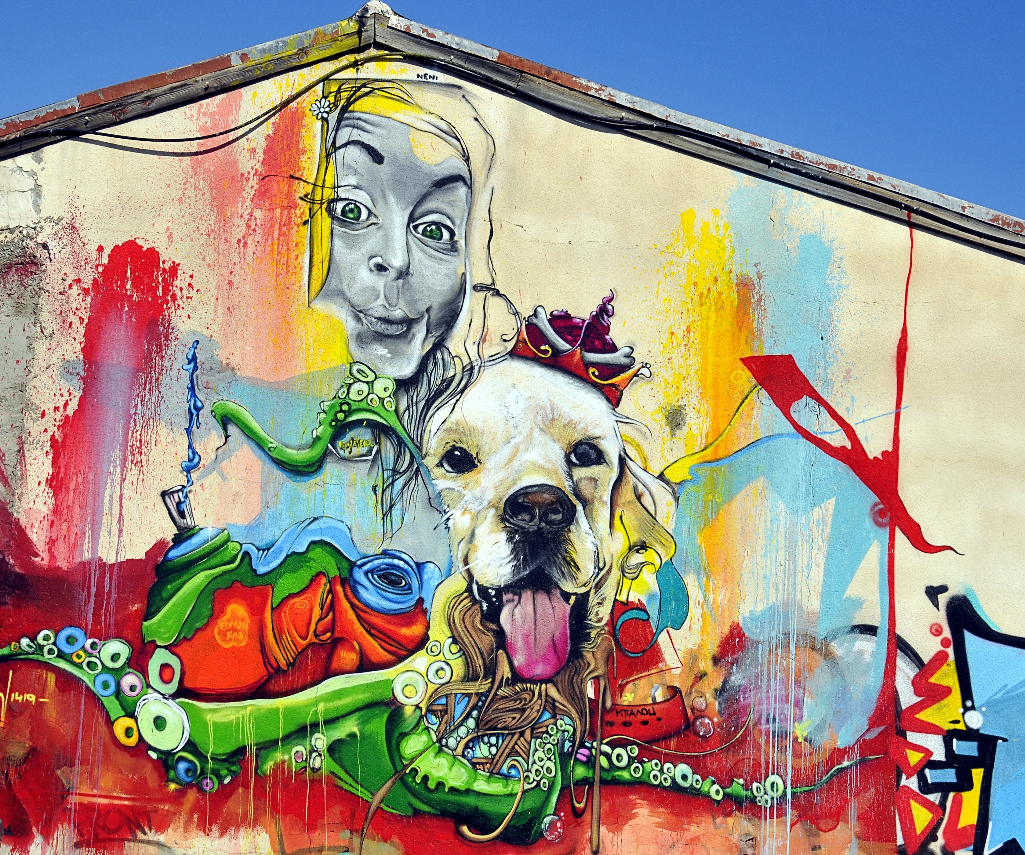 76124 download wallpaper art, bright, multicolored, motley, dog, girl, graffiti, street art screensavers and pictures for free