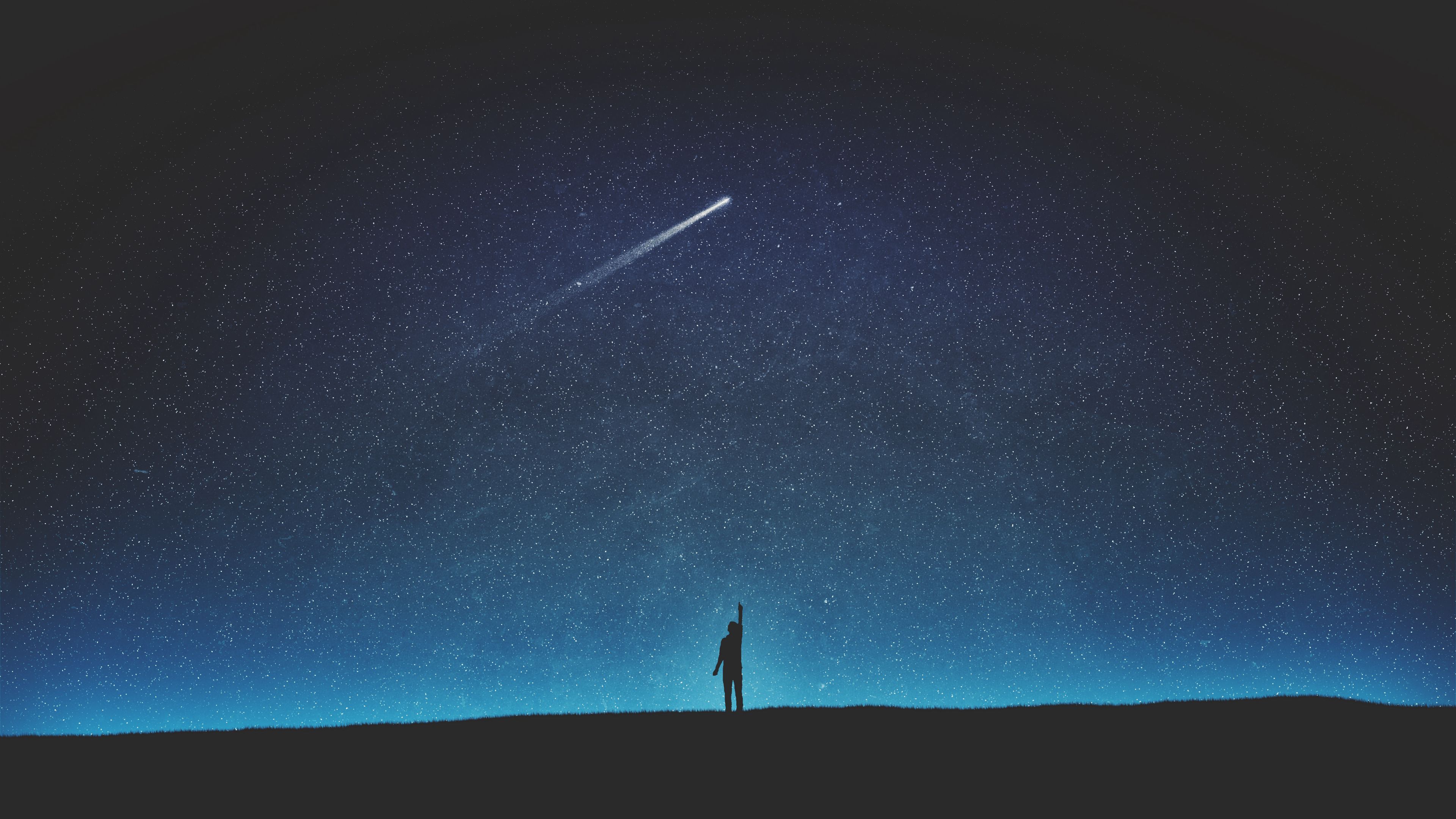 art, minimalism, silhouette, night, starry sky, shooting star