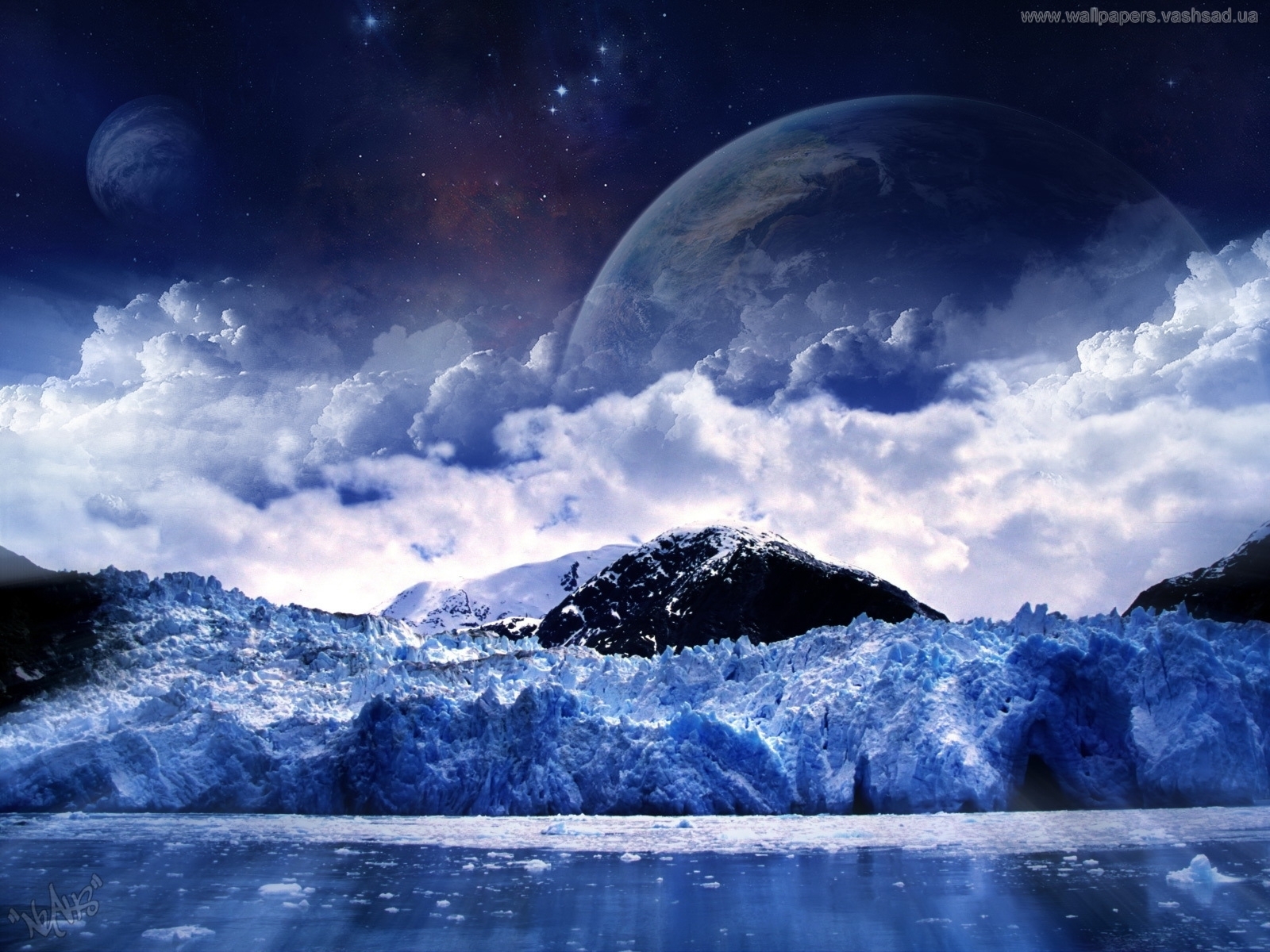 Laden Sie das Planets, Landschaft, Winter, Wasser, Kunst, Mountains-Bild kostenlos auf Ihren PC-Desktop herunter