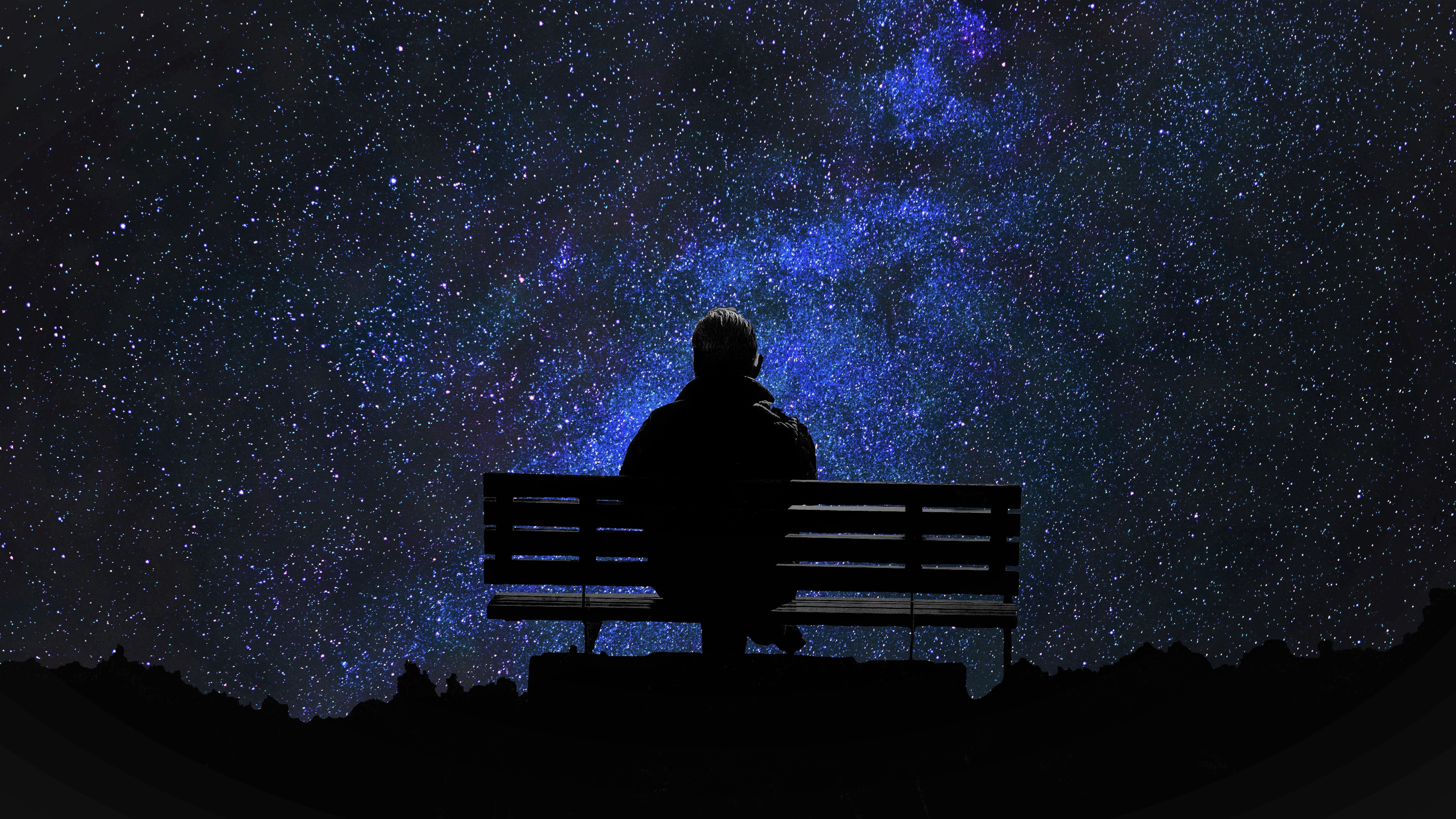alone, men, bench, lonely, night, sky, starry sky, stars