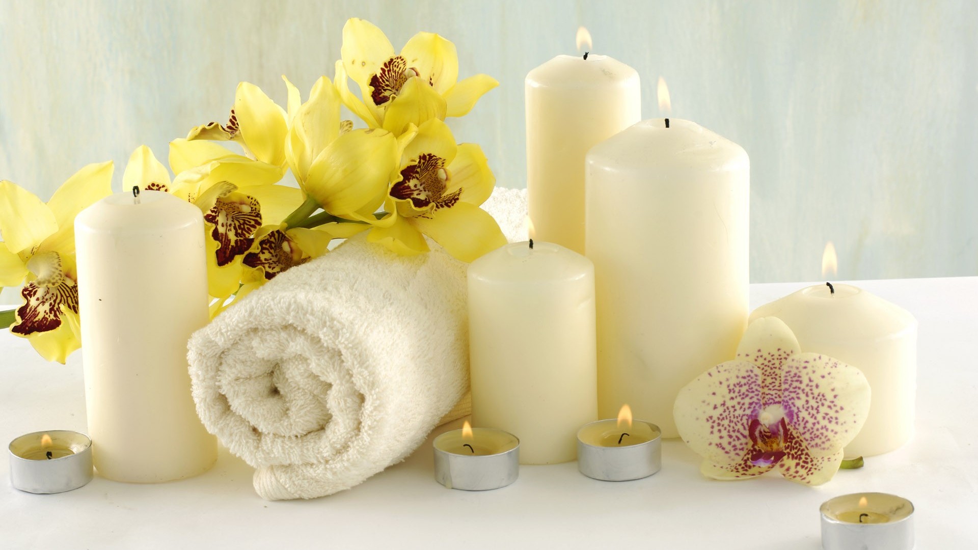 wallpapers spa, man made, candle, flower, orchid, still life, towel