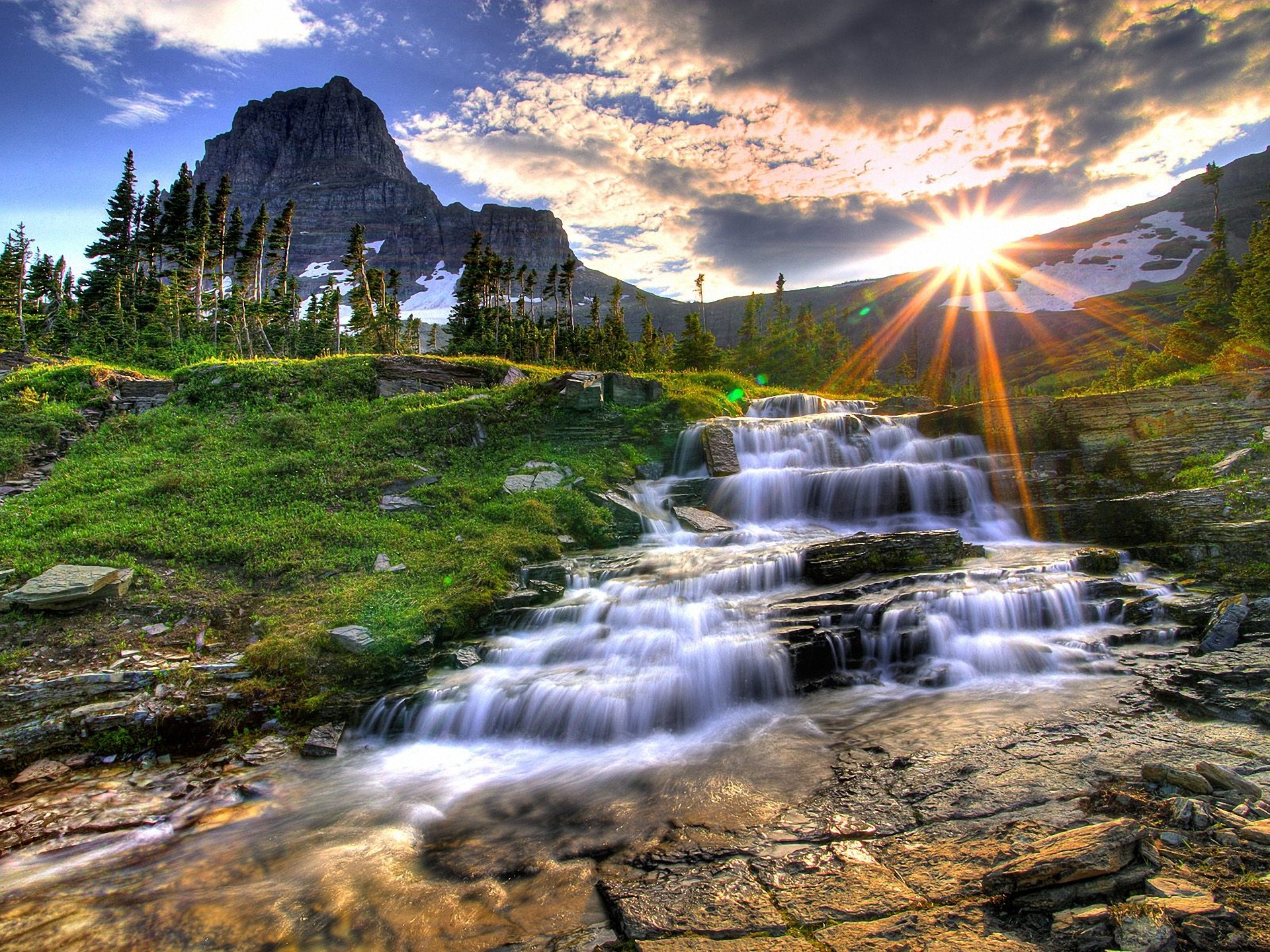 sunrise, sun, nature, waterfalls, waterfall, mountain, stone, earth, stream wallpapers for tablet