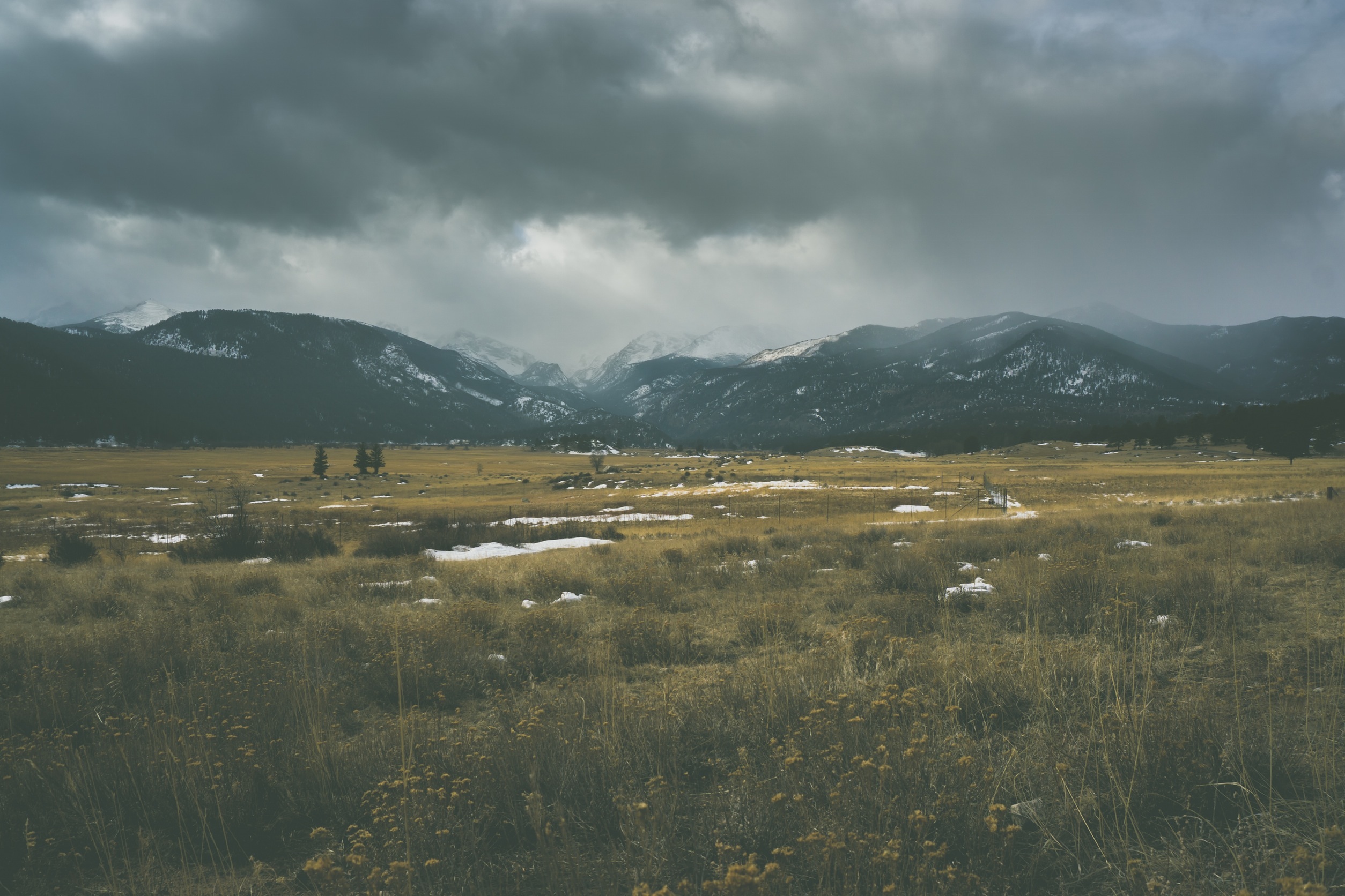 nature, grass, sky, mountains, clouds, mainly cloudy, overcast 4K