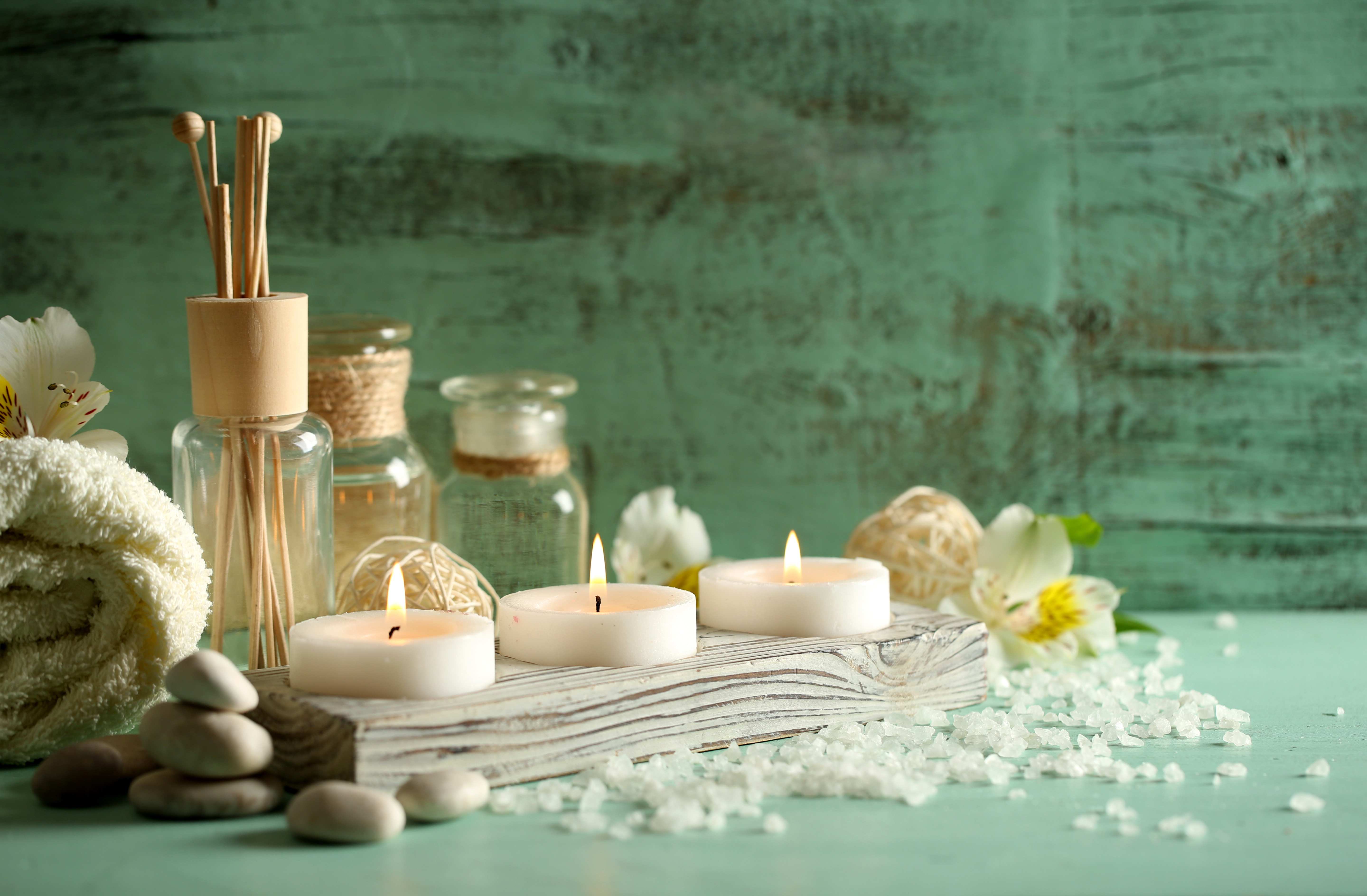 man made, spa, candle, oil, salt, stone, towel Phone Background