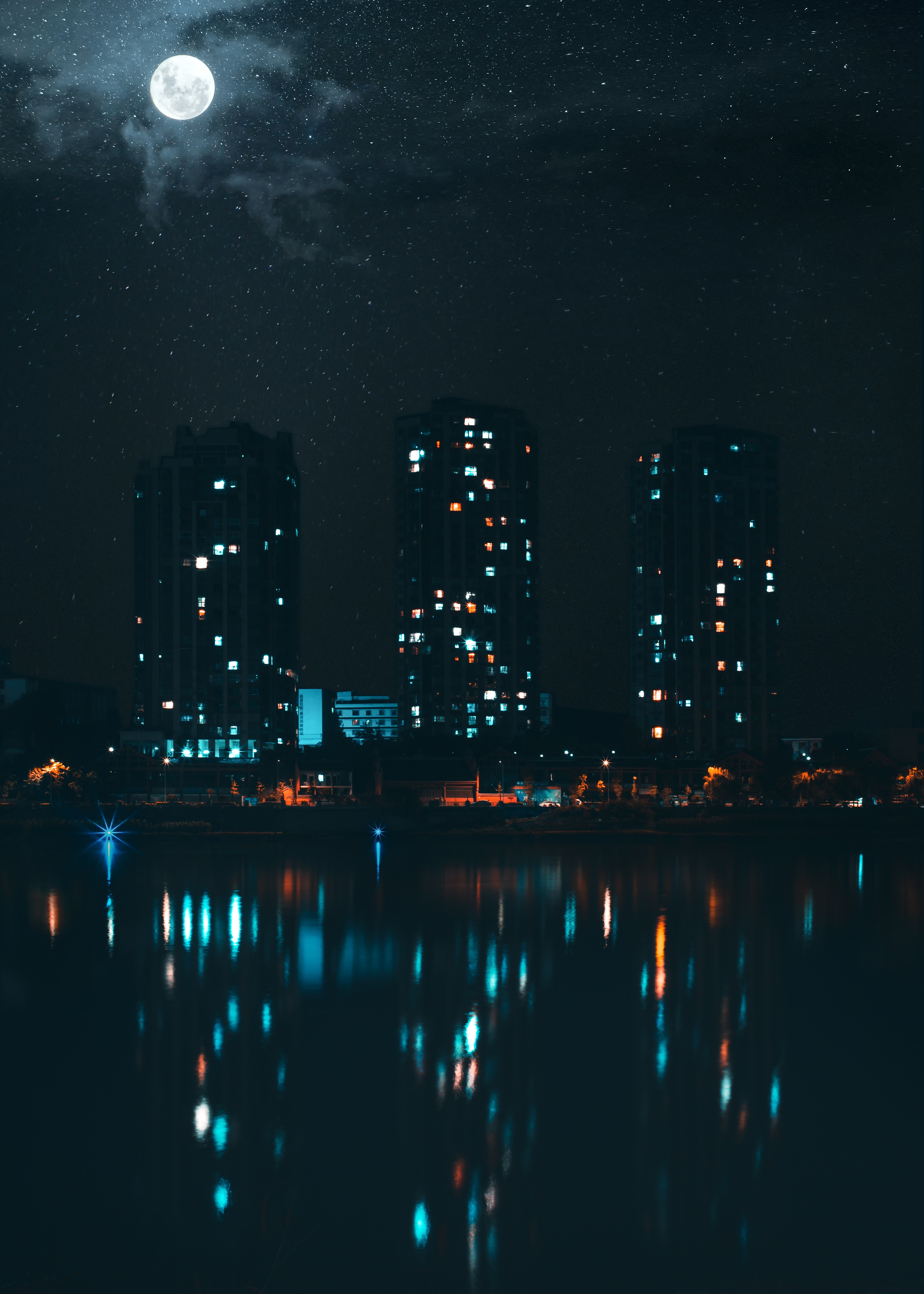 cities, moon, building, lights, night city, skyscrapers, urban landscape, cityscape