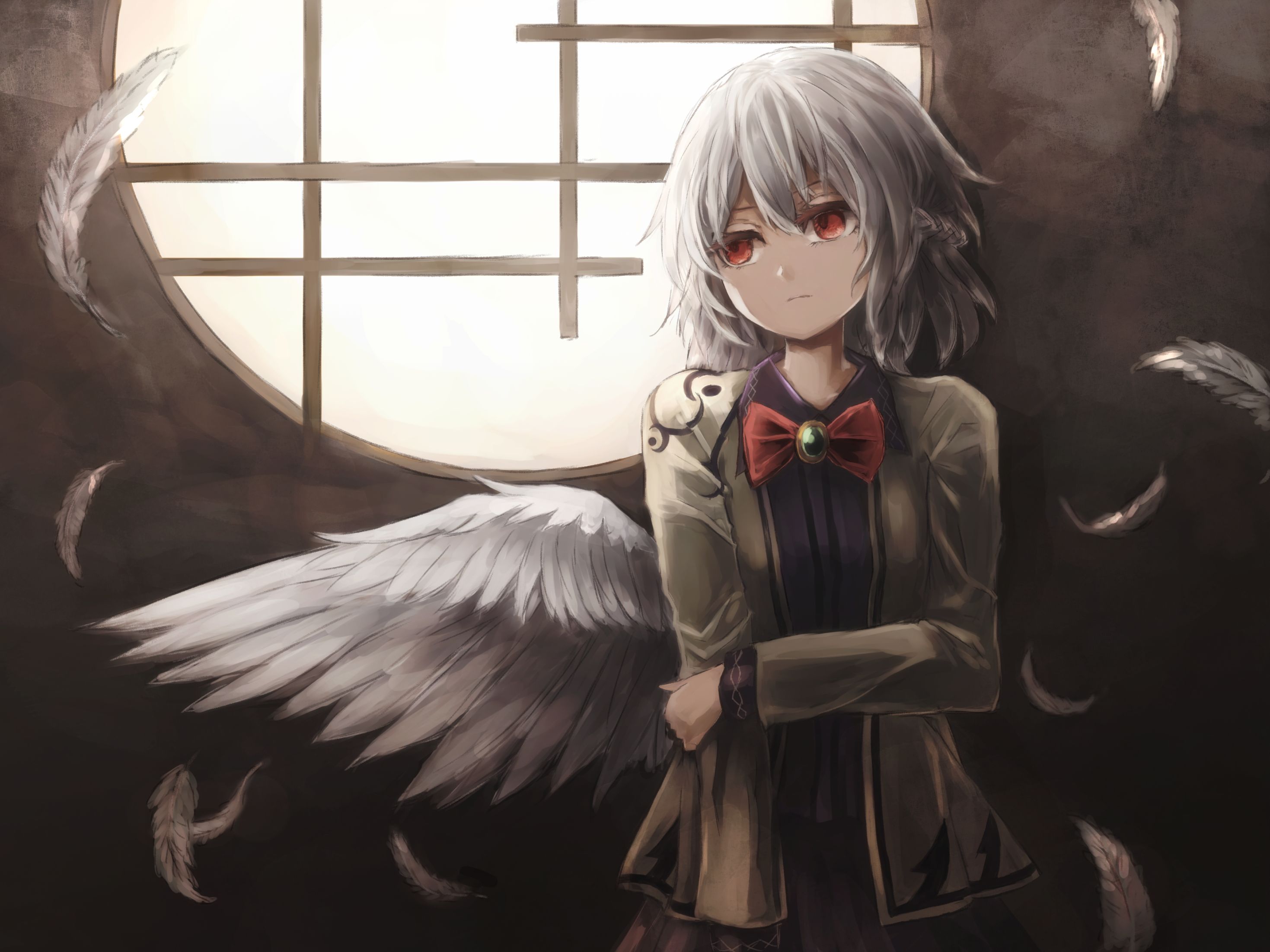 HD desktop wallpaper: Anime, Feather, Wings, Red Eyes, Touhou, Short Hair,  White Hair, Bow (Clothing), Sagume Kishin download free picture #756653