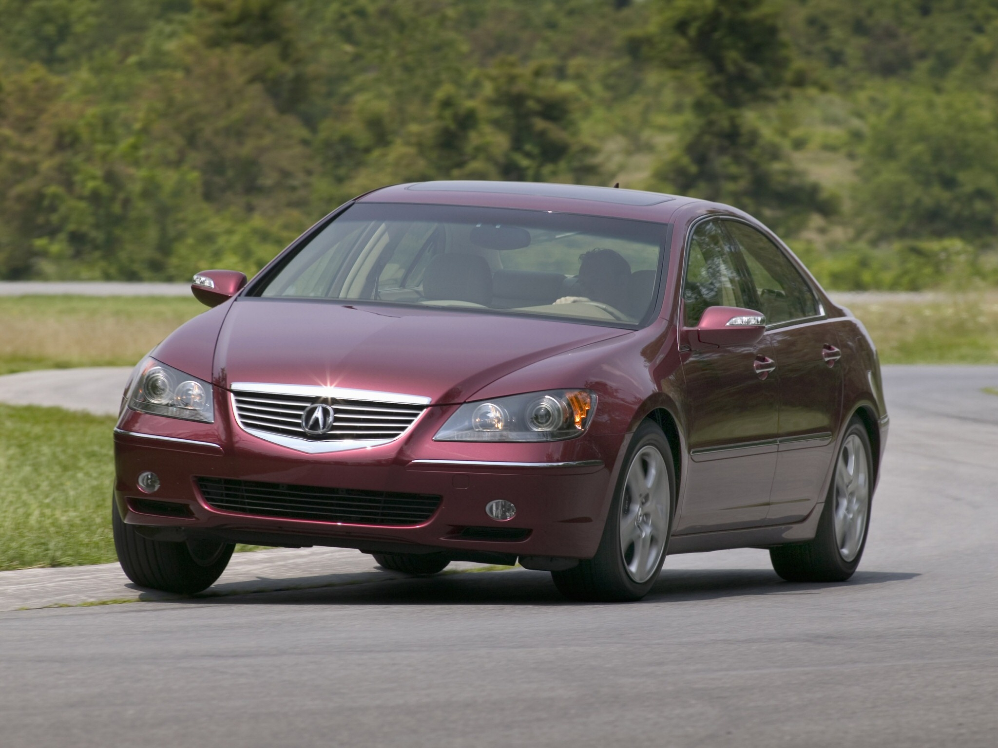 front view, acura, auto, trees, grass, cars, red, turn, style, akura, 2004, track, sedan, route, rl