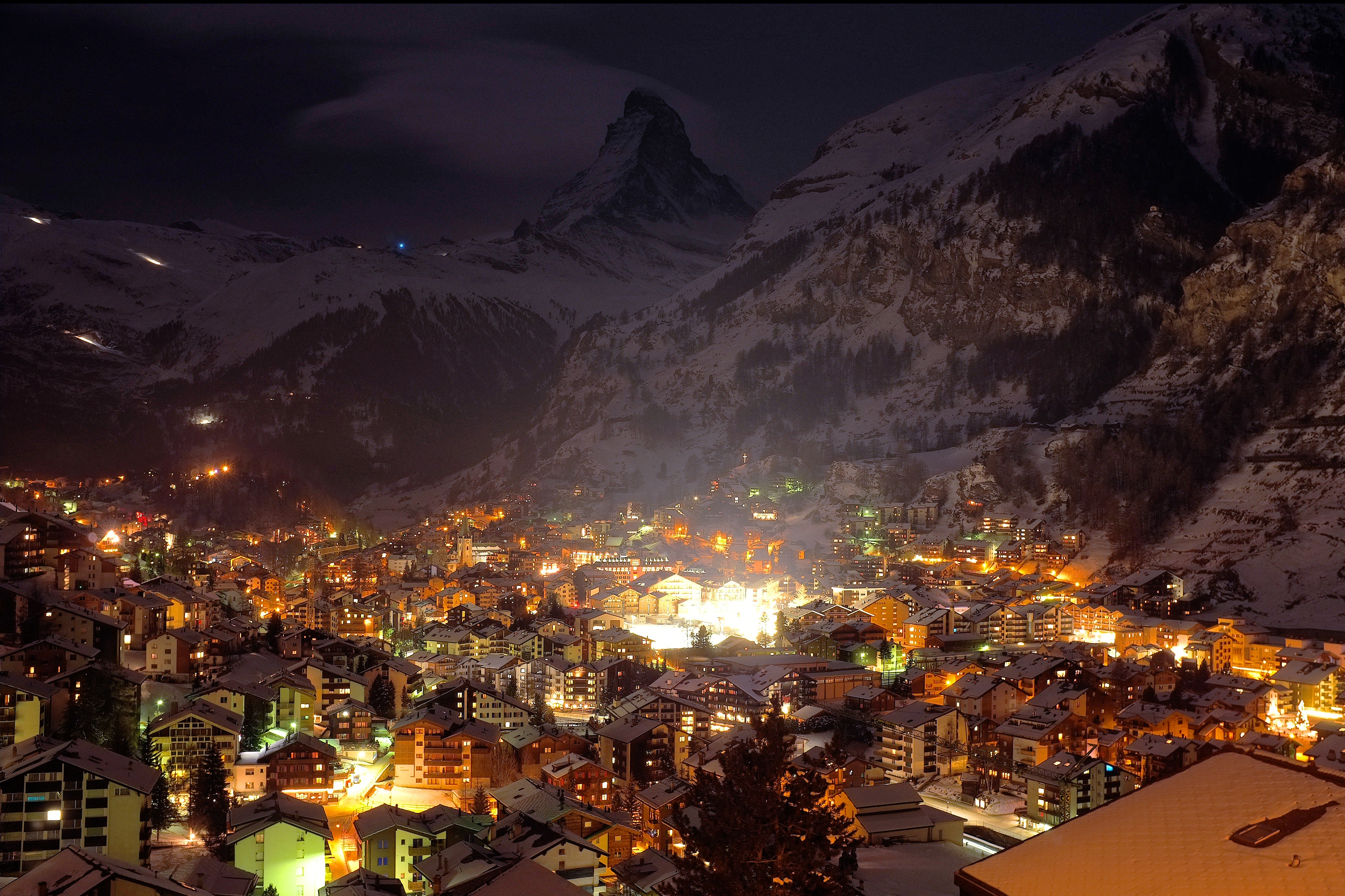 HD desktop wallpaper: Winter, Night, Snow, Mountain, Light, House, Alps,  Village, Switzerland, Valley, Man Made download free picture #1526109
