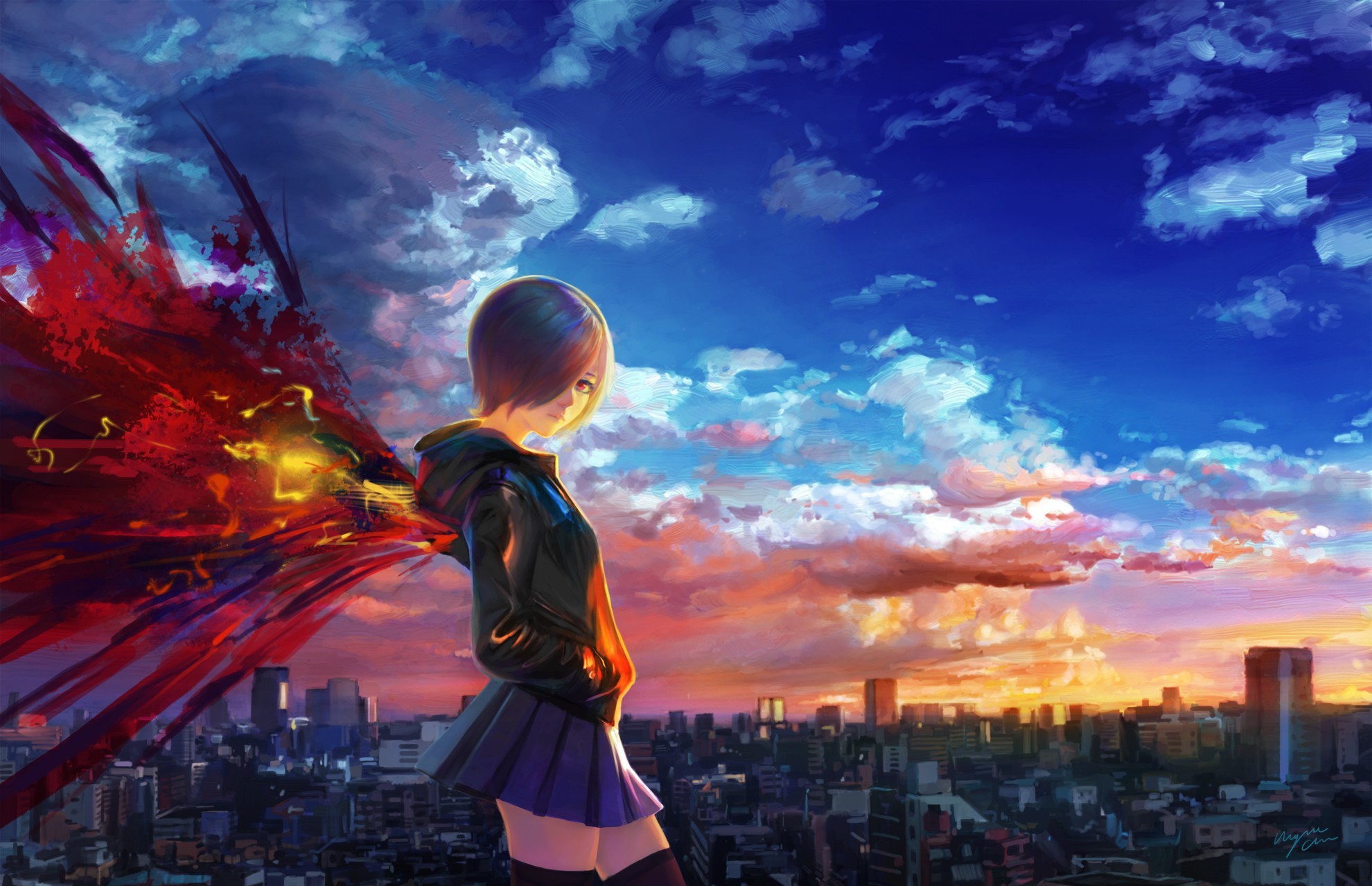 anime, tokyo ghoul, city, short hair, sky, skirt, purple hair, cloud, hoodie, kagune (tokyo ghoul), red eyes, sunset, touka kirishima