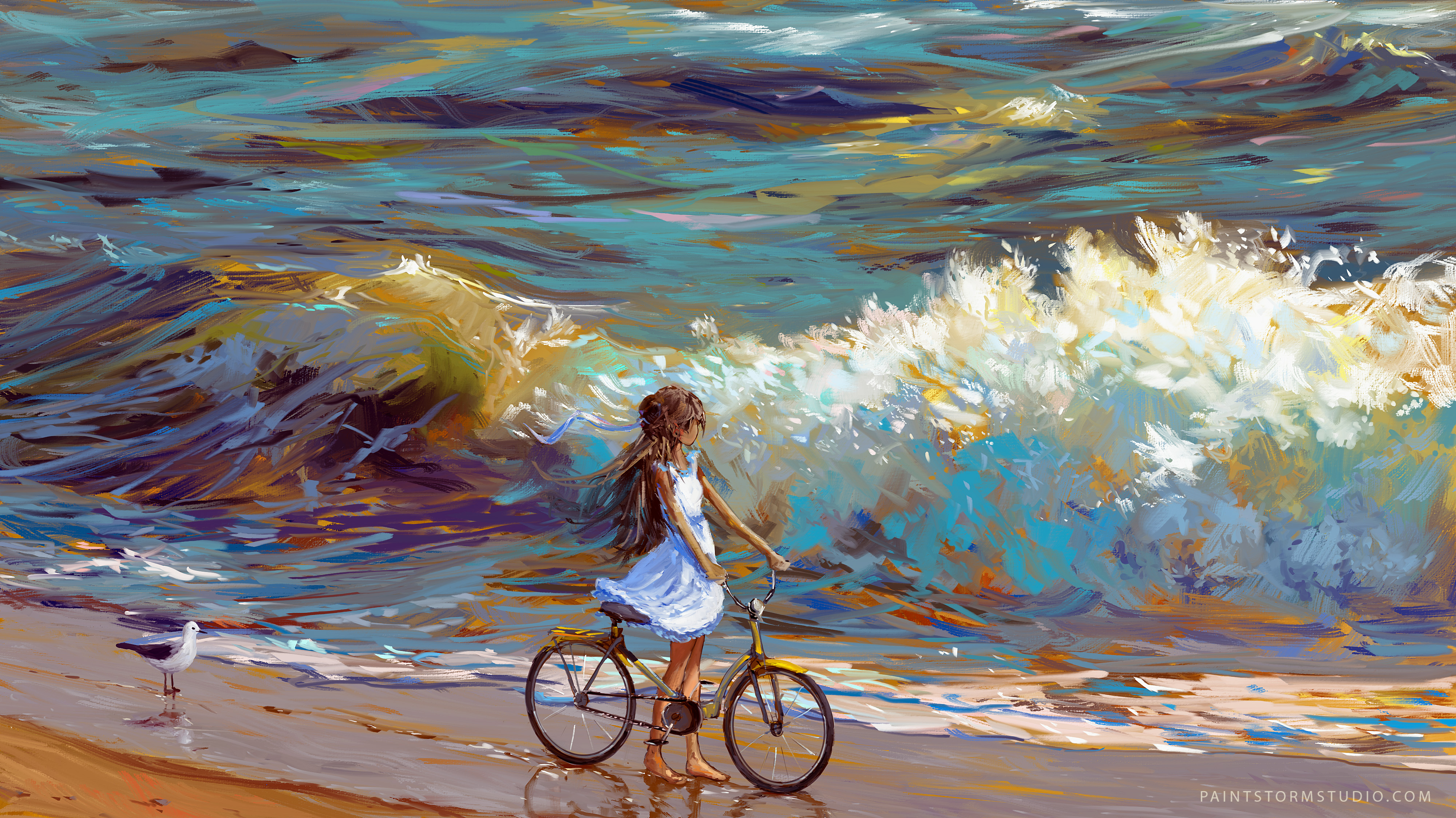 shore, sea, bicycle, child Phone Wallpaper