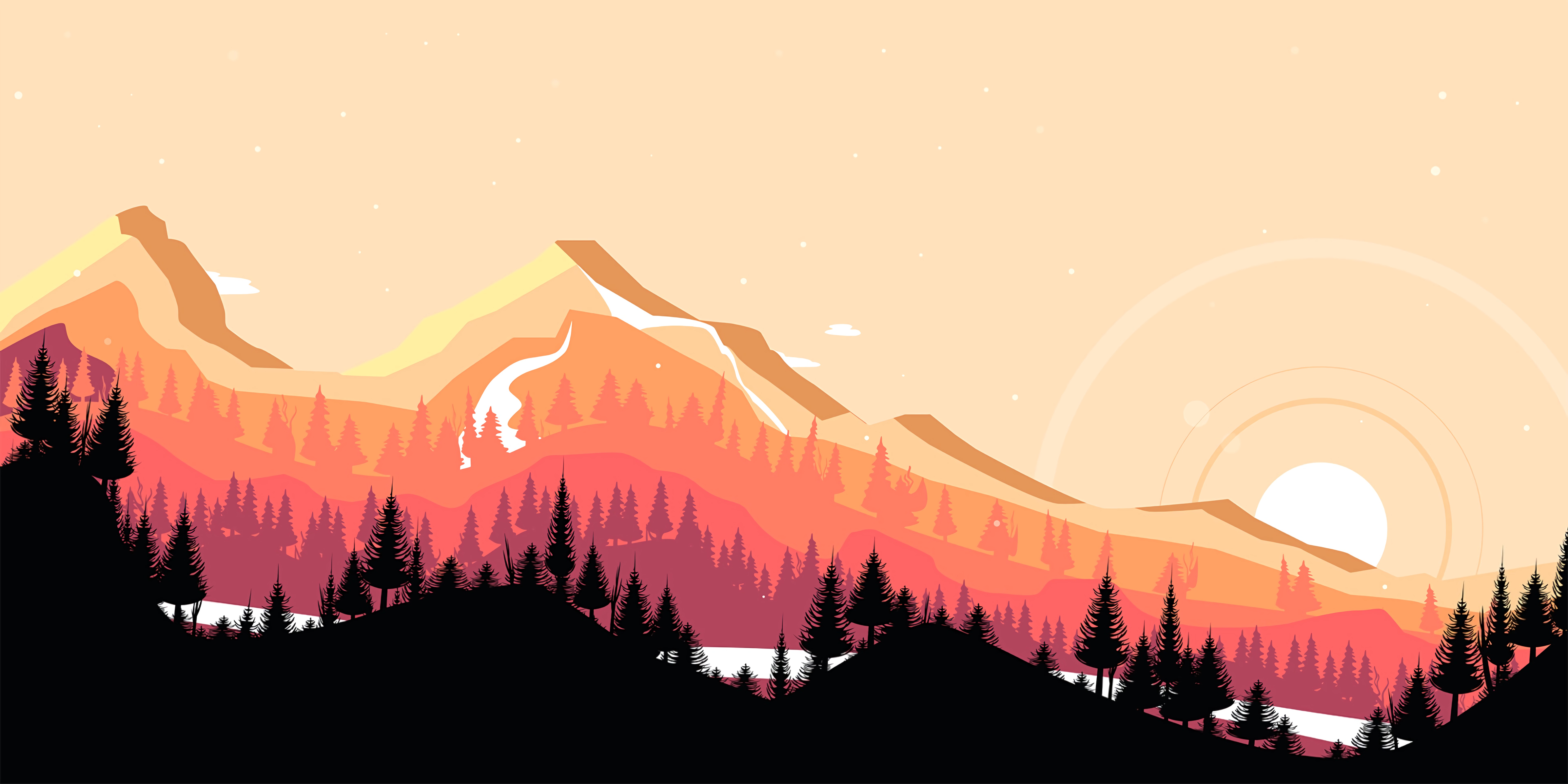 vector, sunset, landscape, art, mountains HD wallpaper