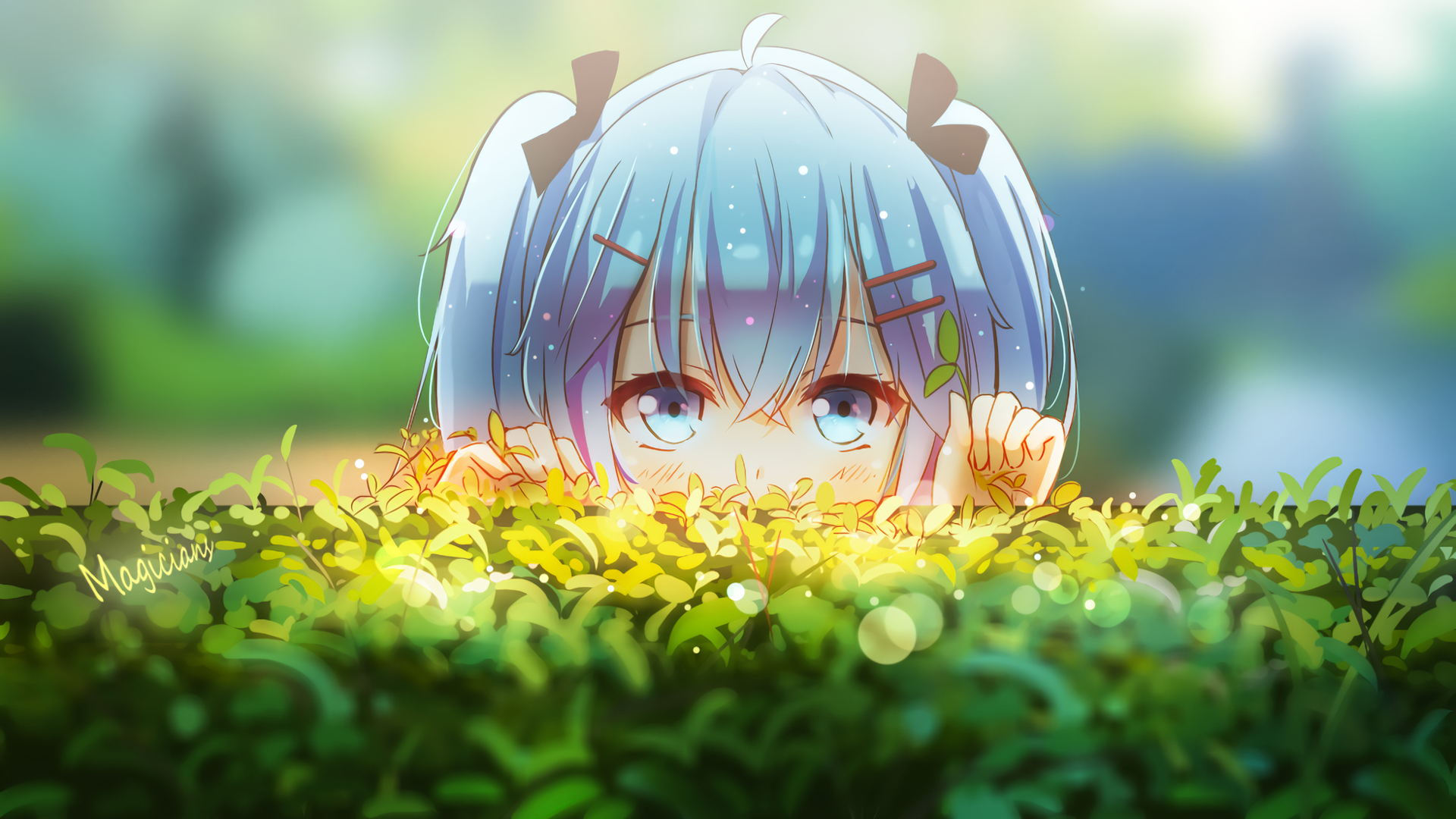 anime, blue eyes, vocaloid, blue hair, hatsune miku, head, hedge, hiding mobile wallpaper