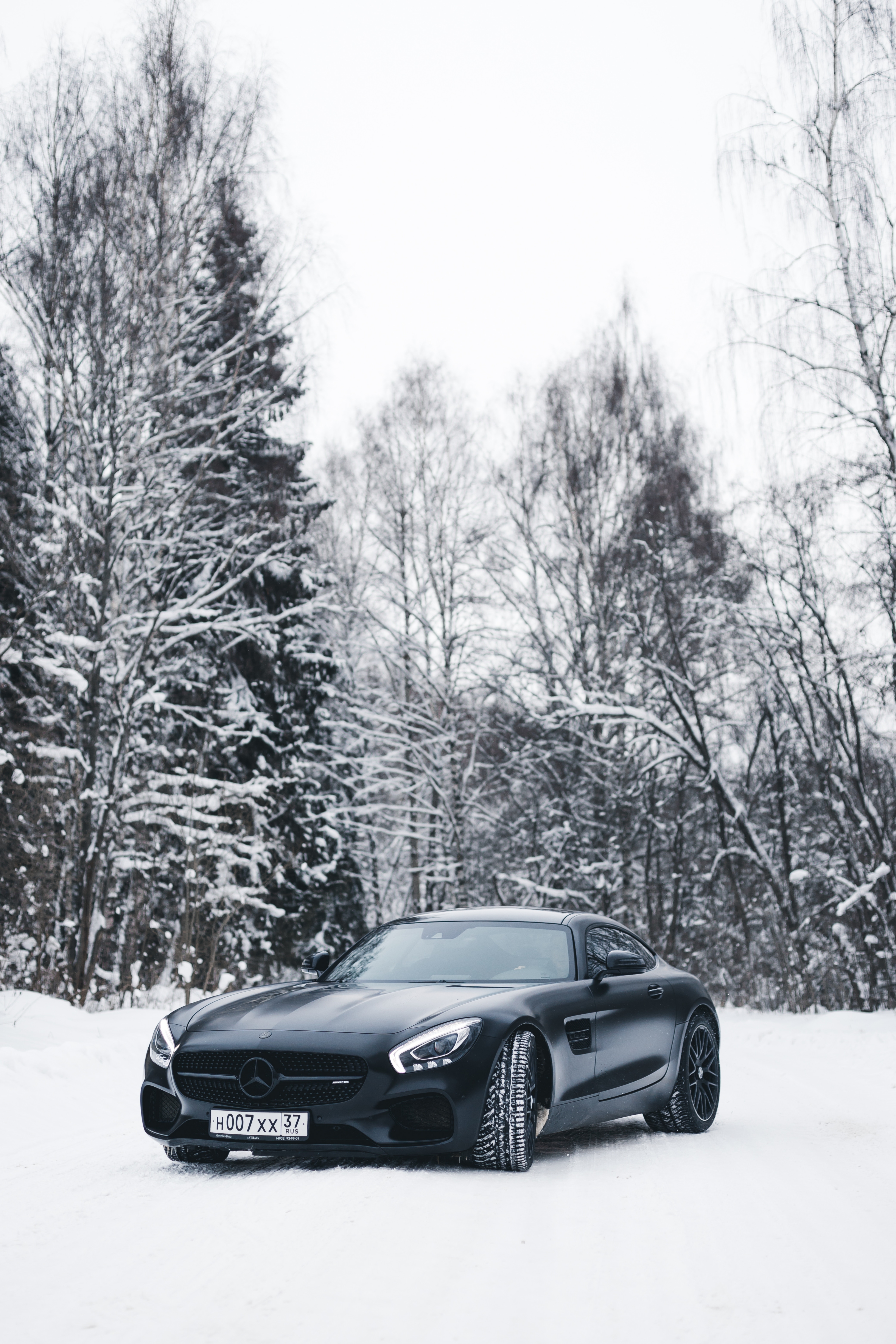 iPhone Wallpapers mercedes, snow, black, forest Cars