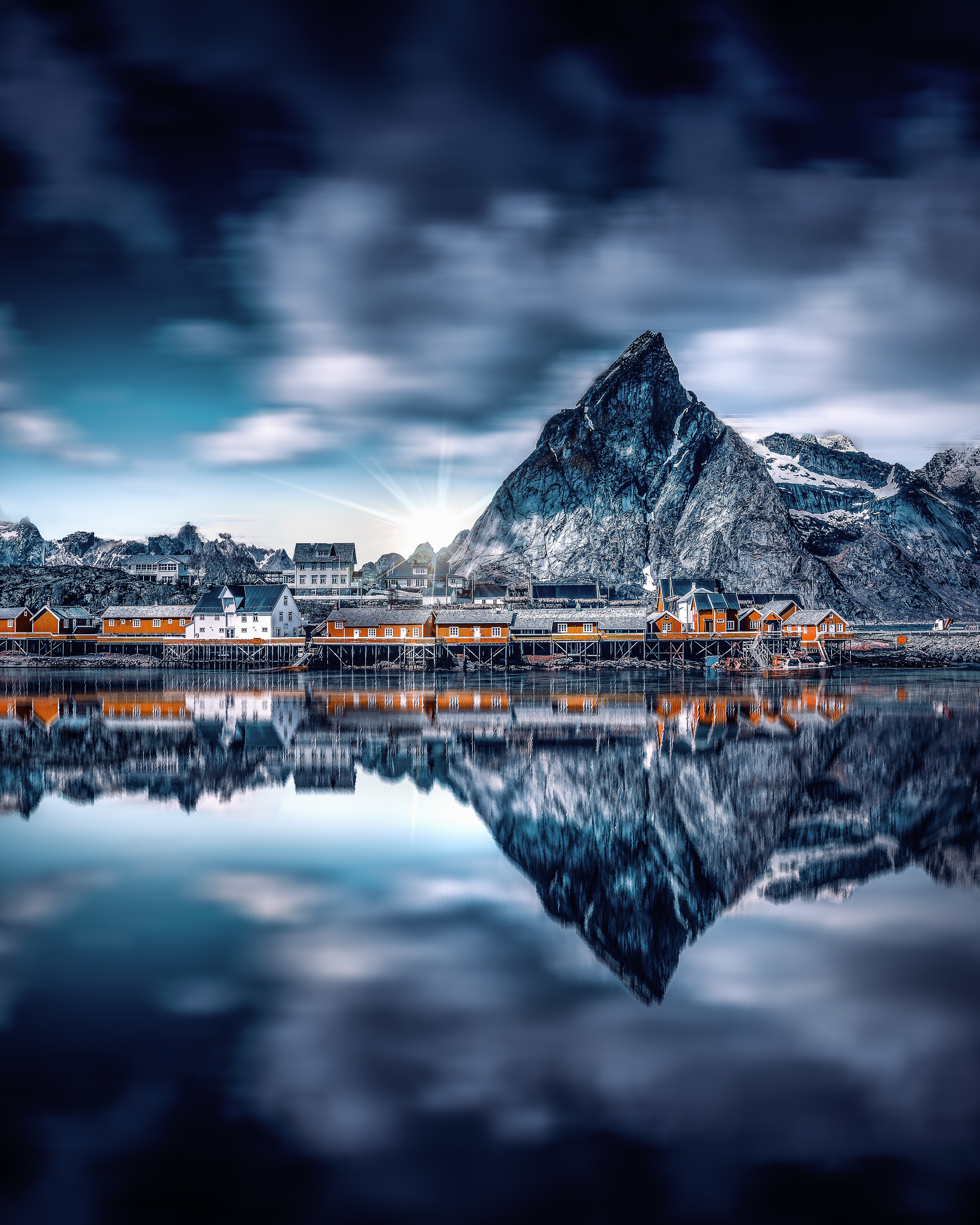 Reflection buildings, lake, mountains, nature 4k Wallpaper