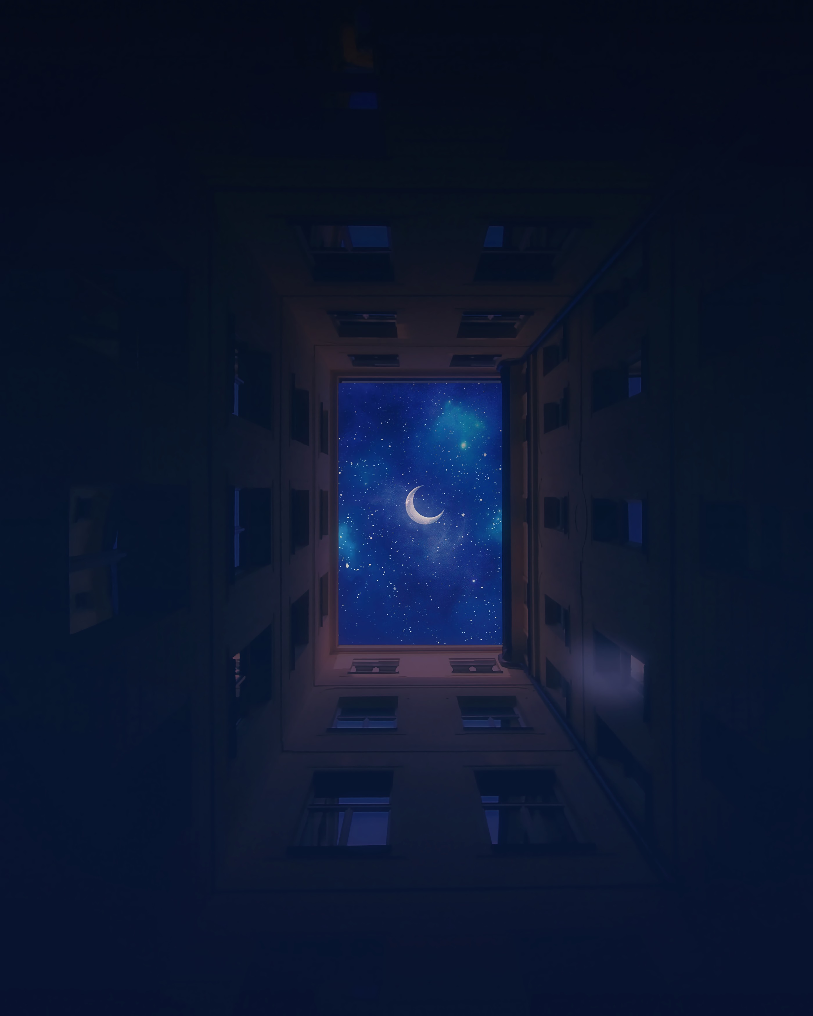 bottom view, sky, night, stars, moon, building, dark HD wallpaper