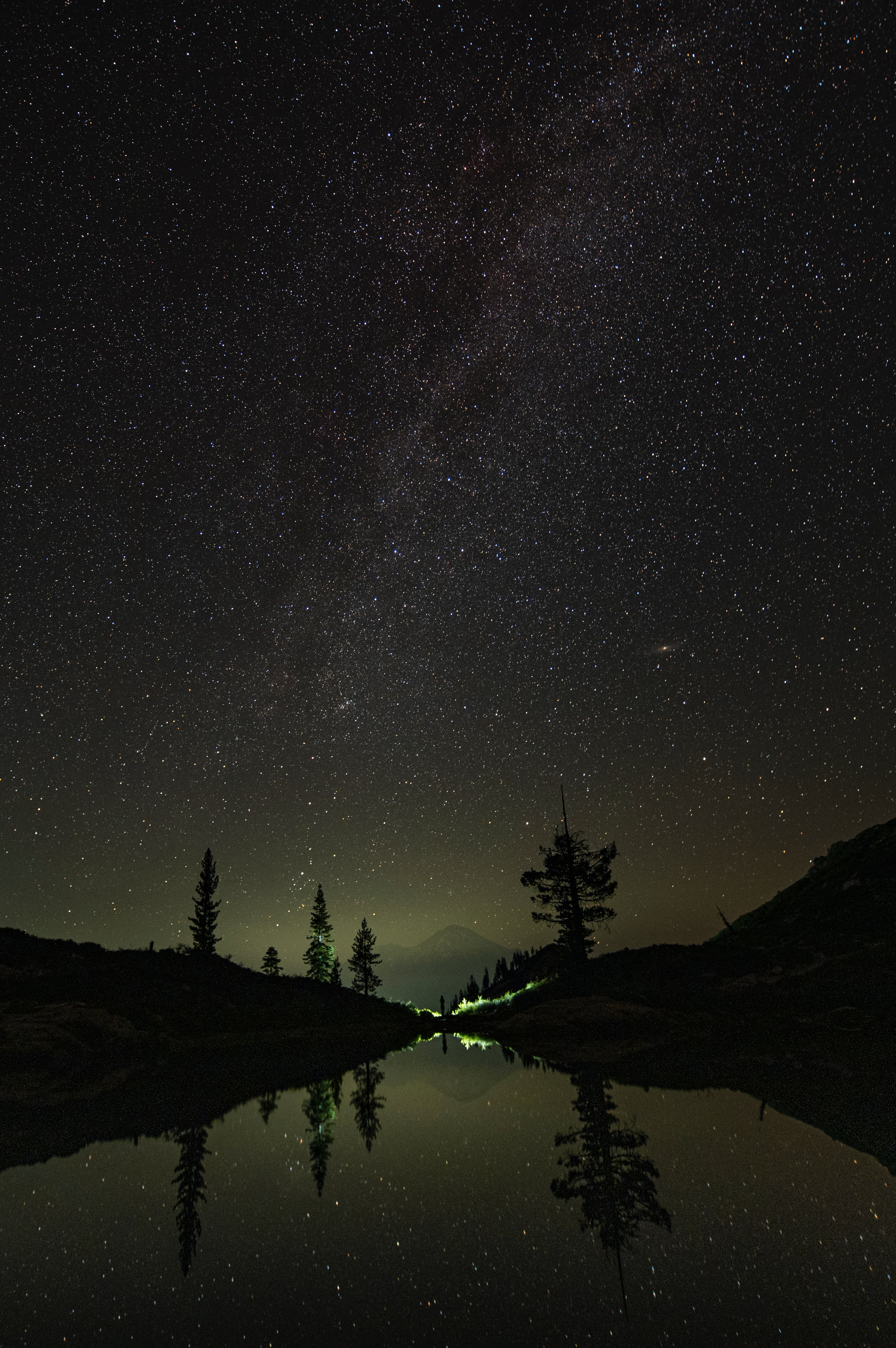 stars, trees, mountains, night, lake, dark, starry sky 1080p