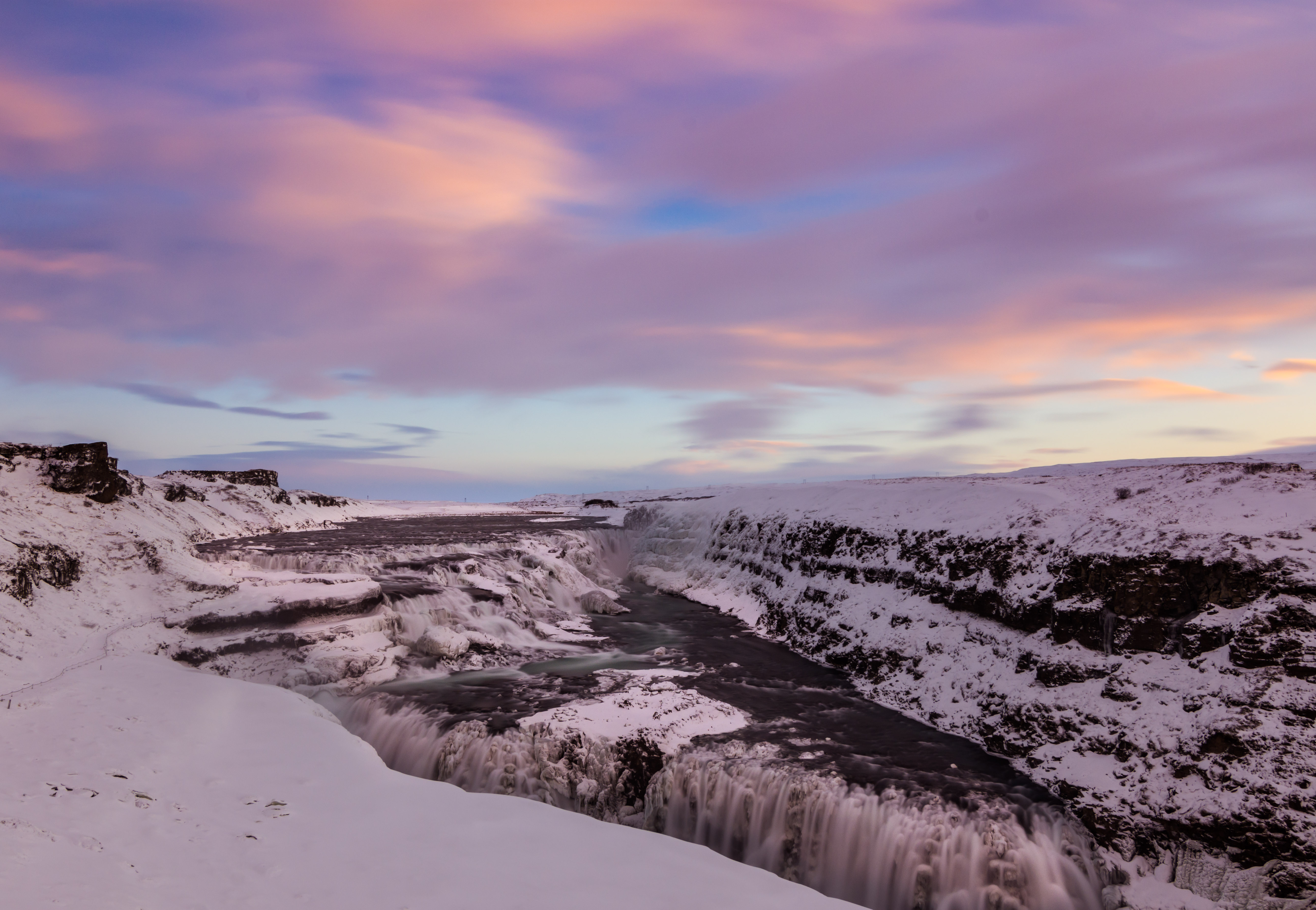 Waterfall ice, sunset, sky, winter 4k Wallpaper