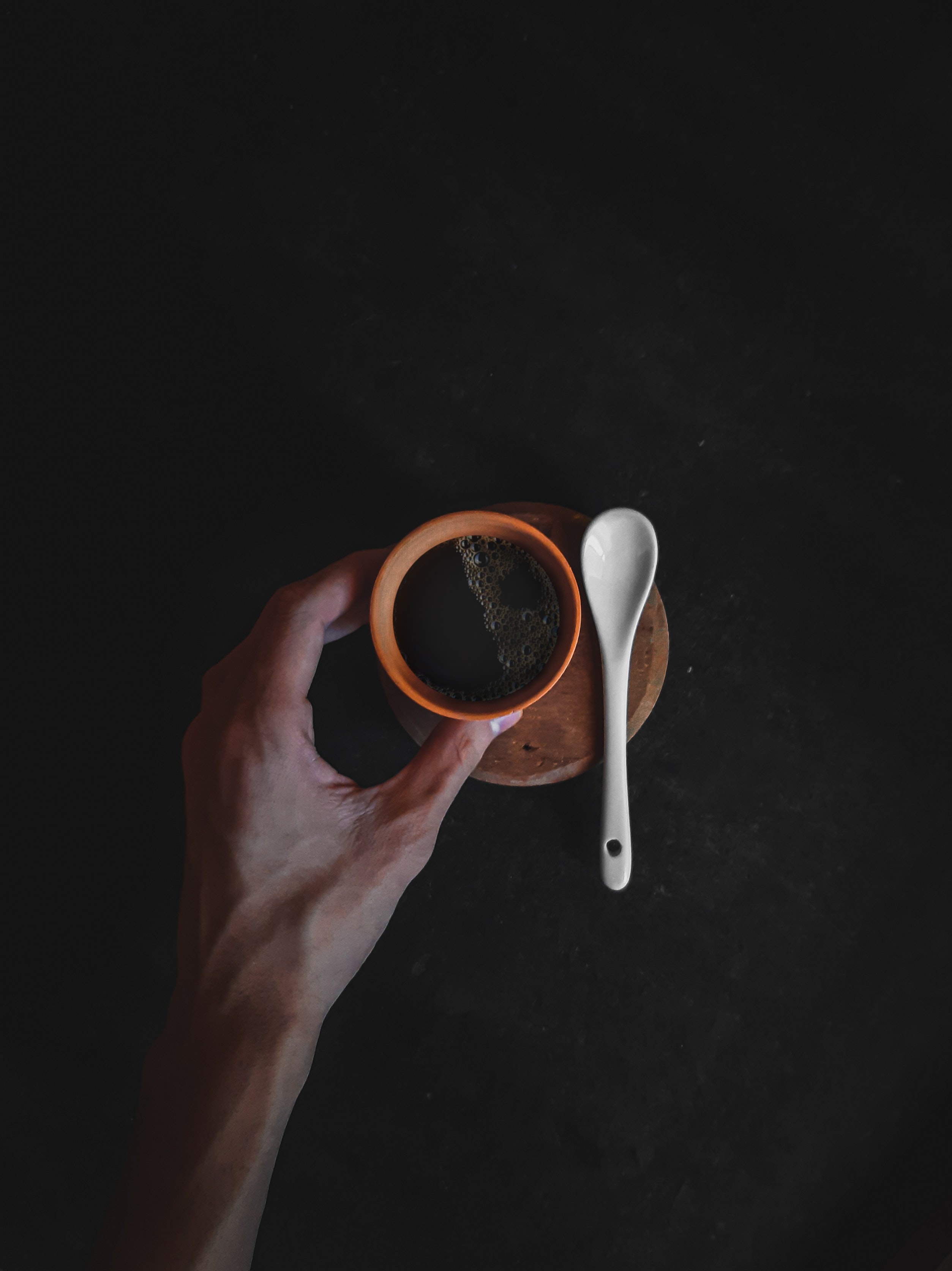 android coffee, food, dark, hand, cup, spoon