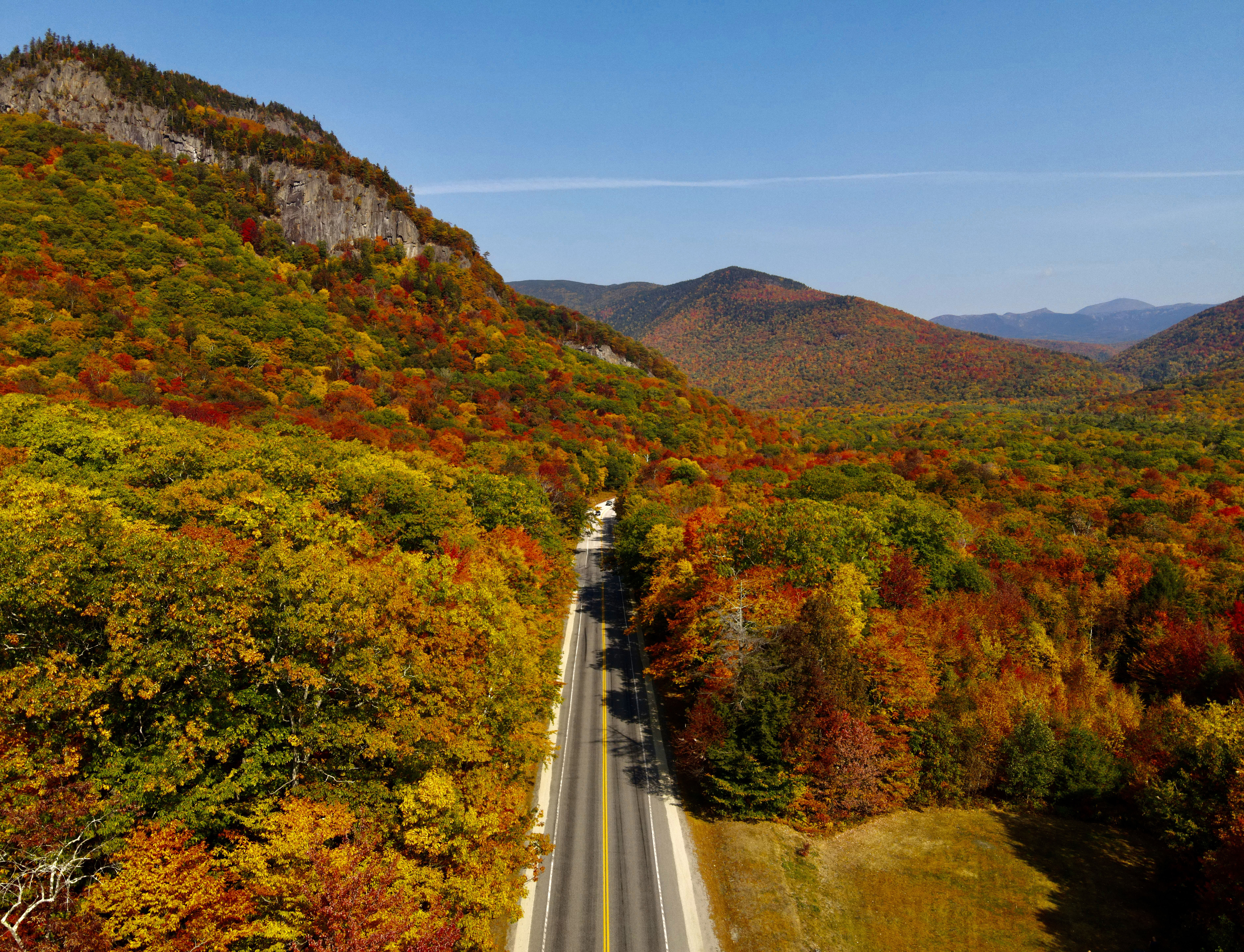 android nature, mountains, autumn, view from above, road, forest