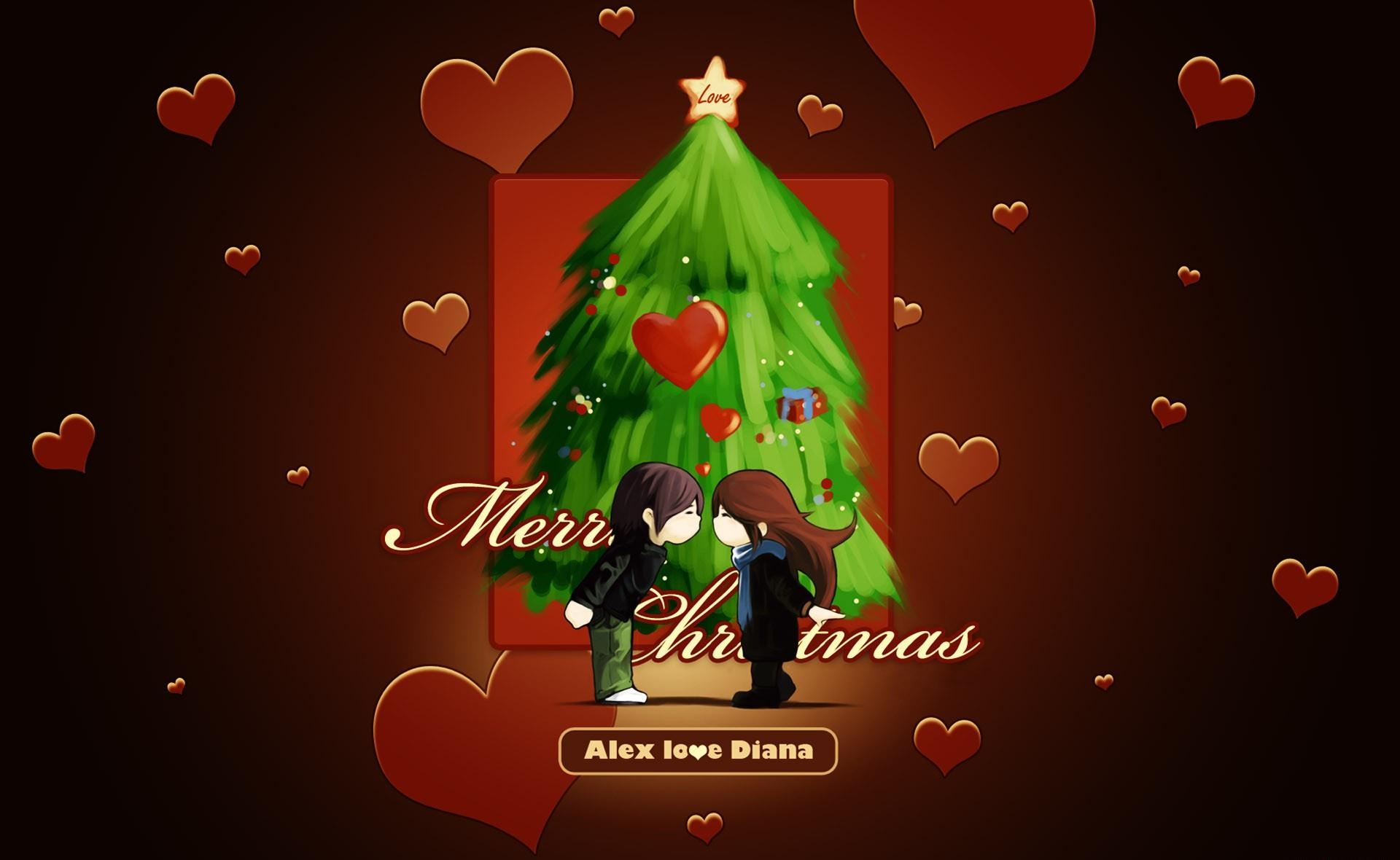 hearts, pair, holidays, love, couple, christmas, christmas tree, mood, kiss, wishes