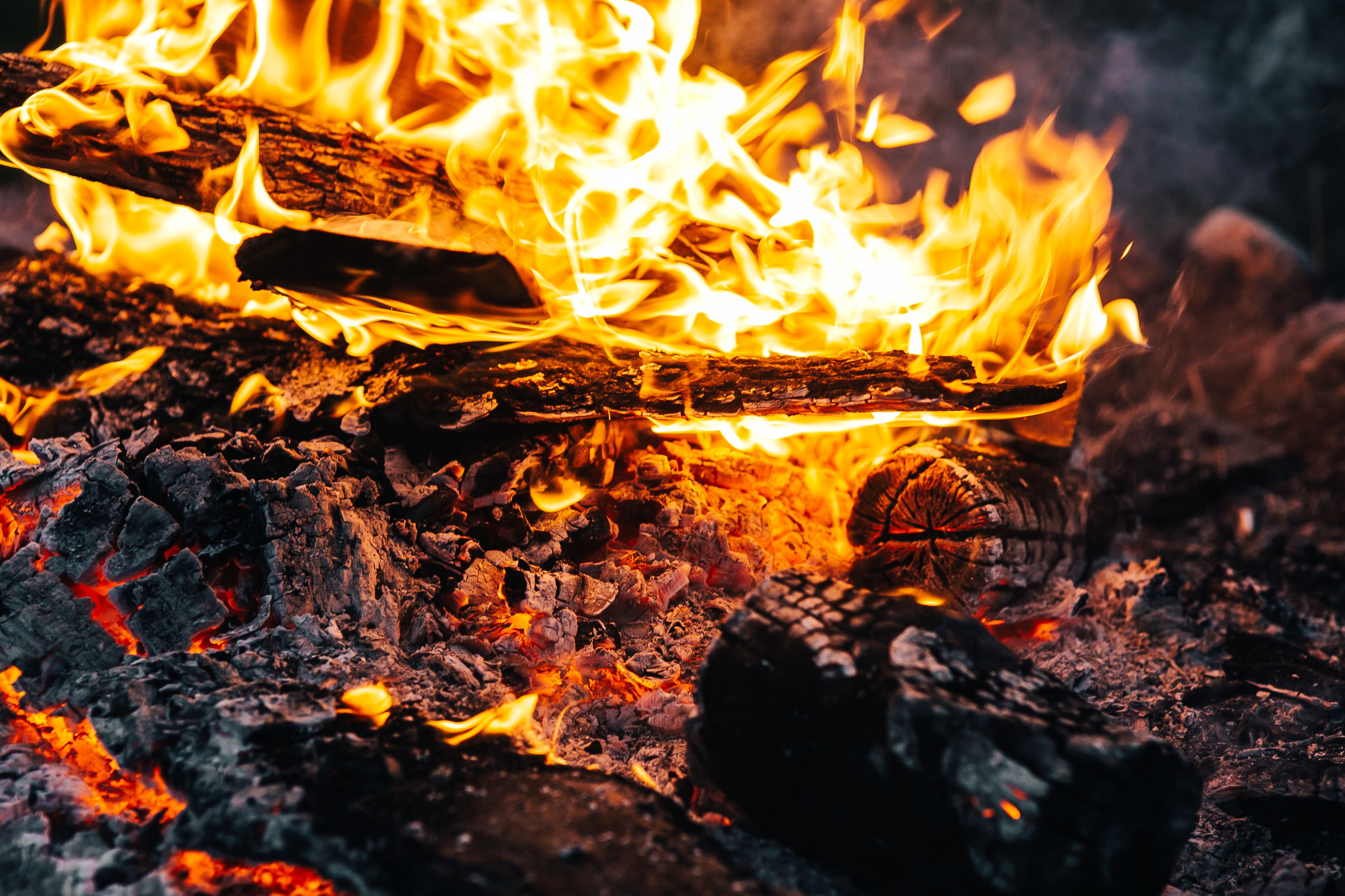 fire, bonfire, coals, flame, miscellanea, miscellaneous, firewood, ash 4K Ultra