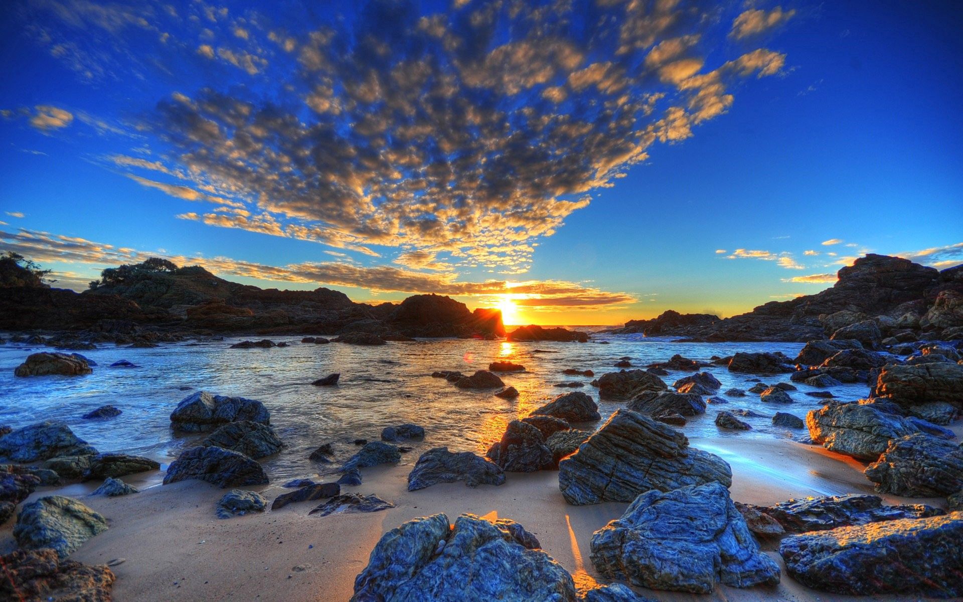sea, stones, hdr, evening, sunset, nature, sky, sun, clouds, beach, shore, bank download HD wallpaper