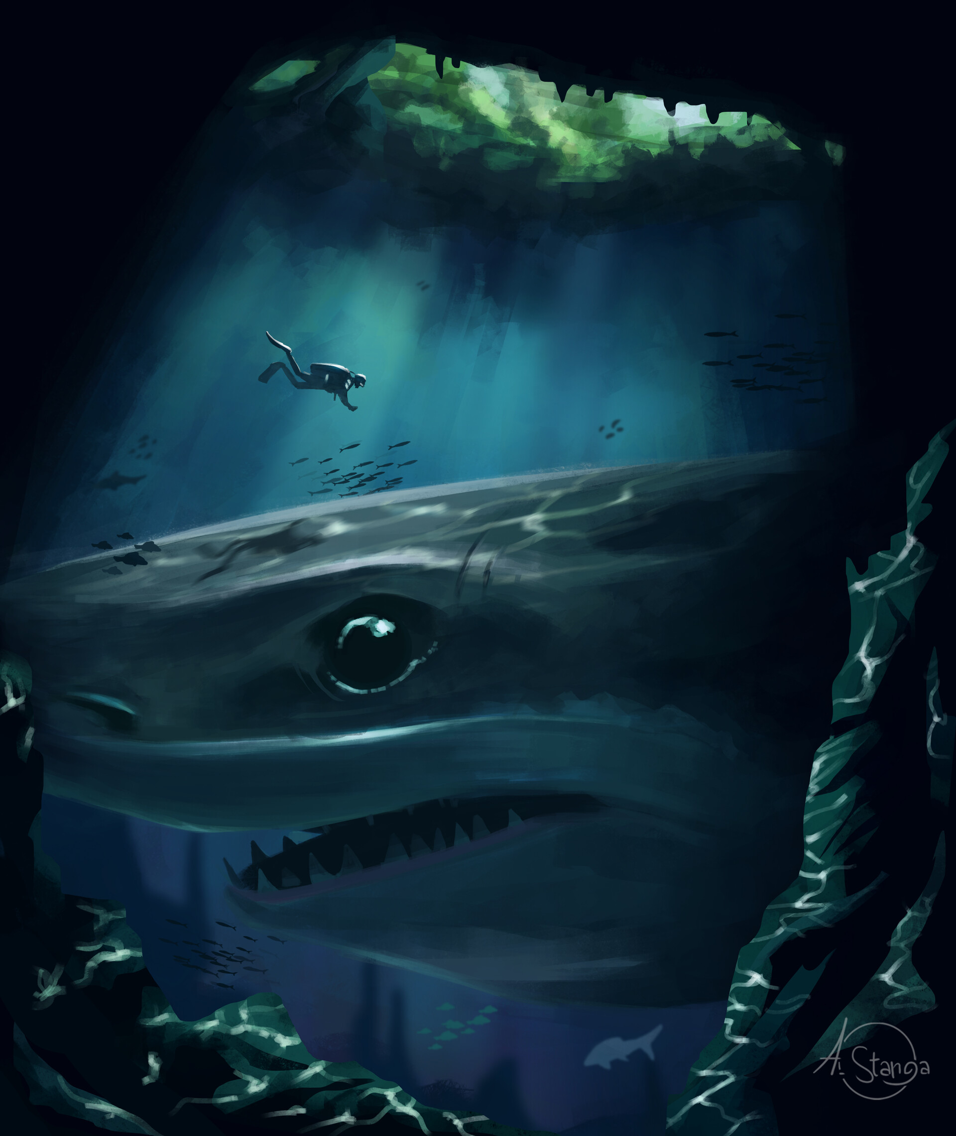Phone Background cave, shark, diver, depth