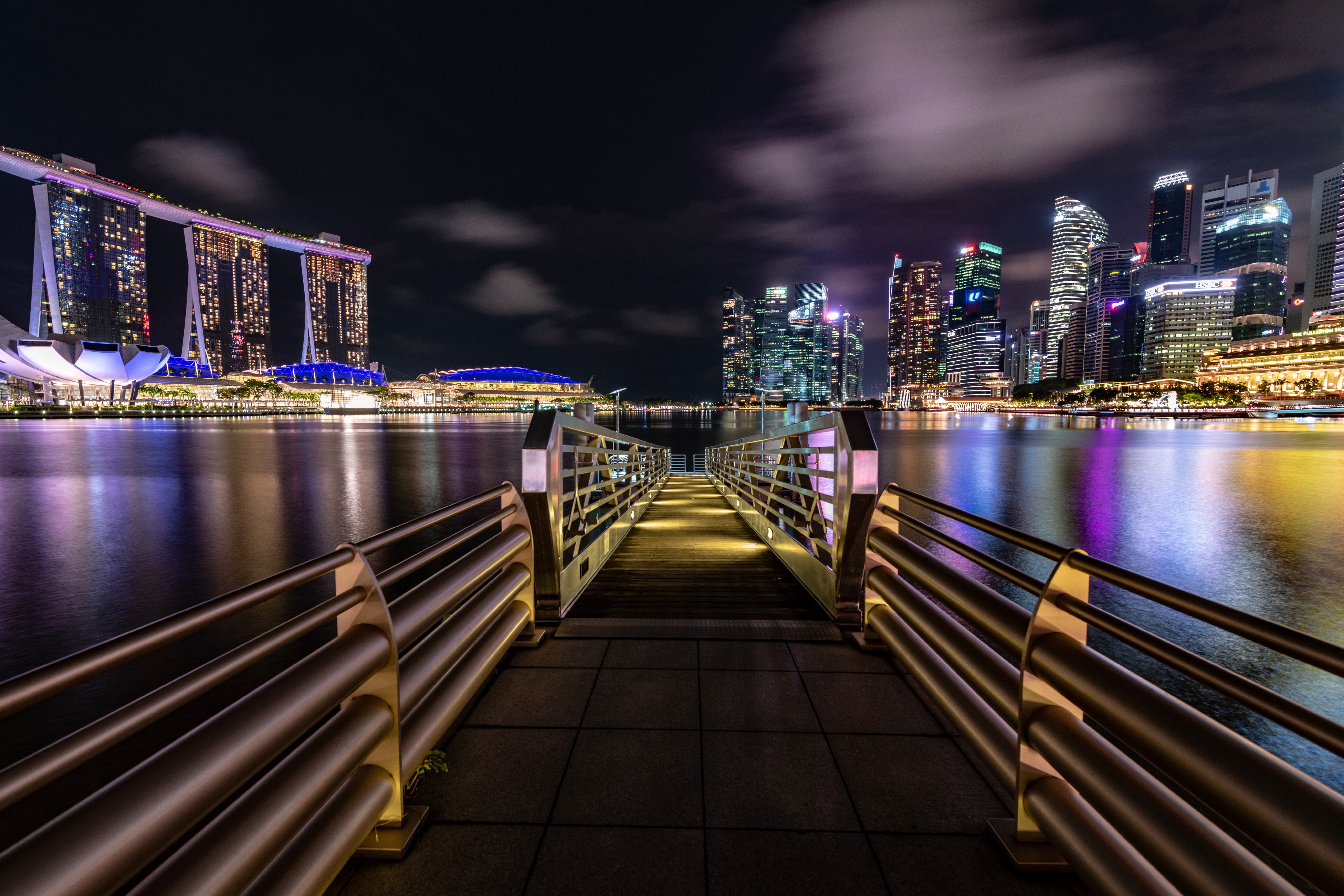 Laden Sie das Ufer, Städte, Bank, Nächtliche Stadt, Night City, Lichter Der Stadt, City Lights, Der Pier, Wharf, Singapur-Bild kostenlos auf Ihren PC-Desktop herunter