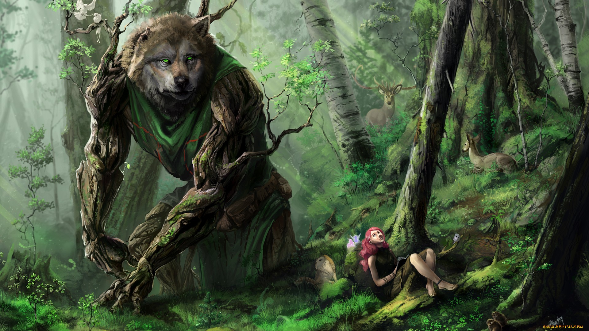 desktop and mobile fantasy, wolf, forest, deer