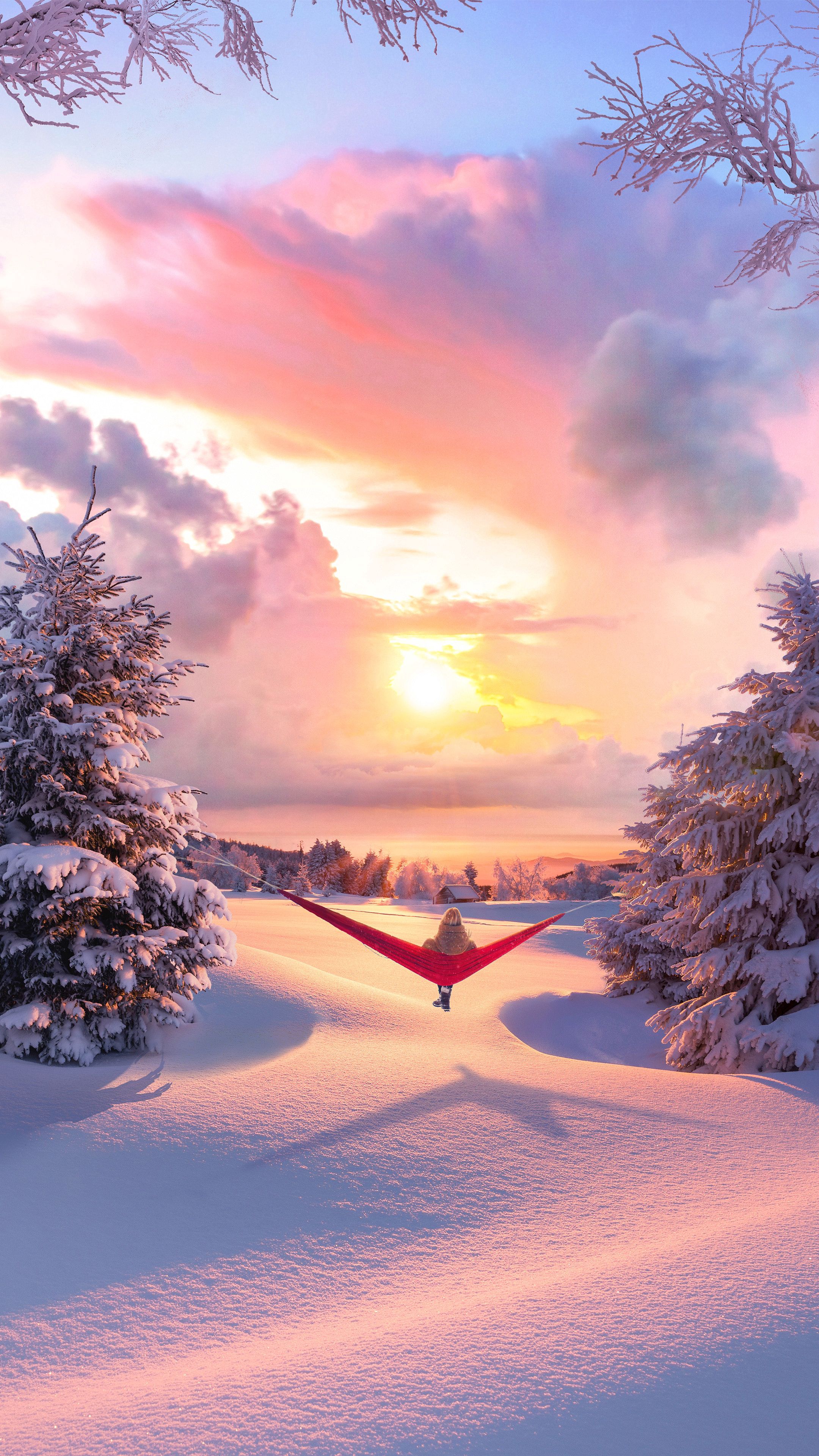 Download mobile wallpaper Winter, Landscape, Nature, Privacy, Seclusion, Relaxation, Rest, Hammock for free.