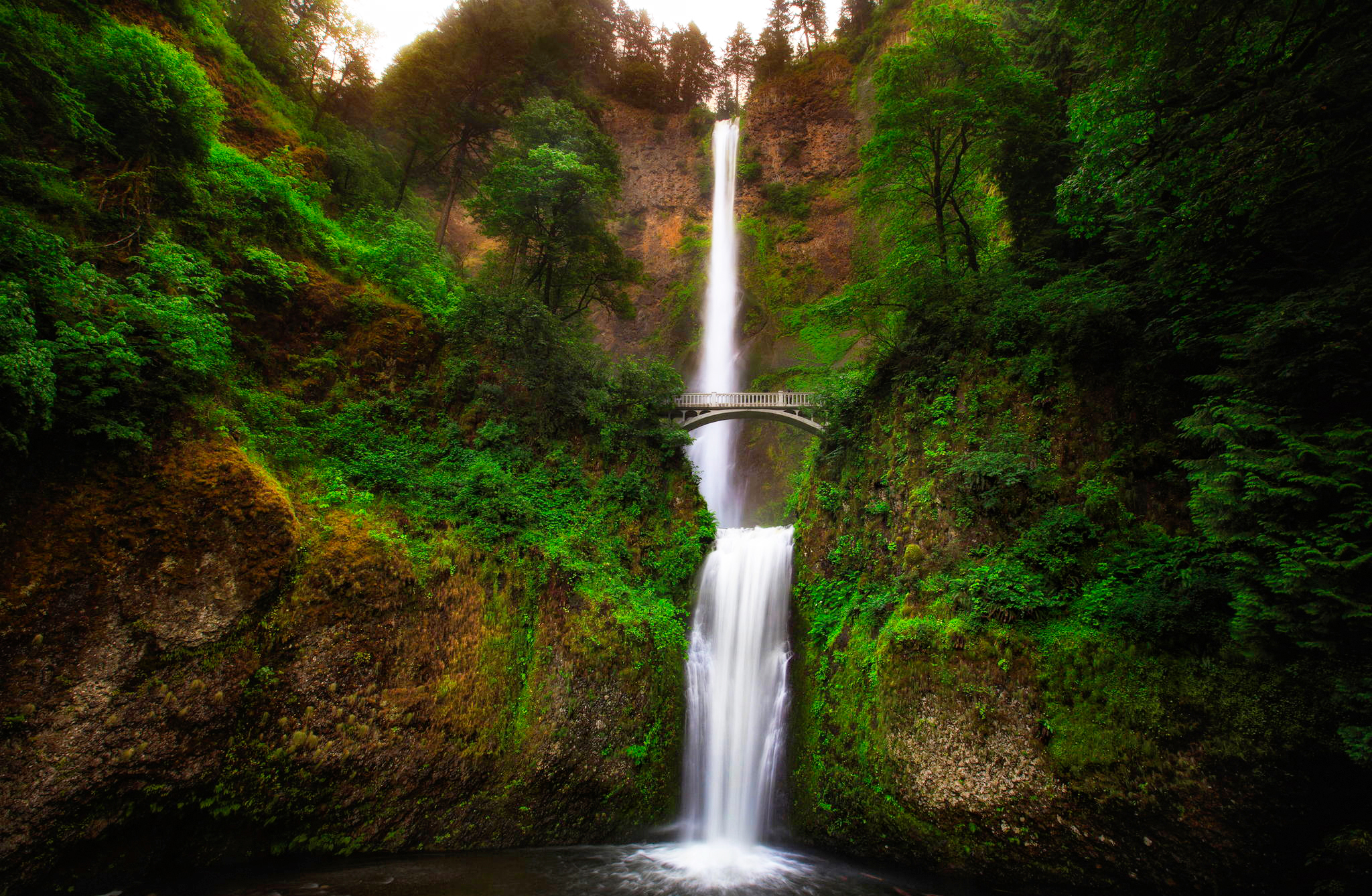 waterfall, oregon, bridge, gorge, united states, nature, multnomah, usa