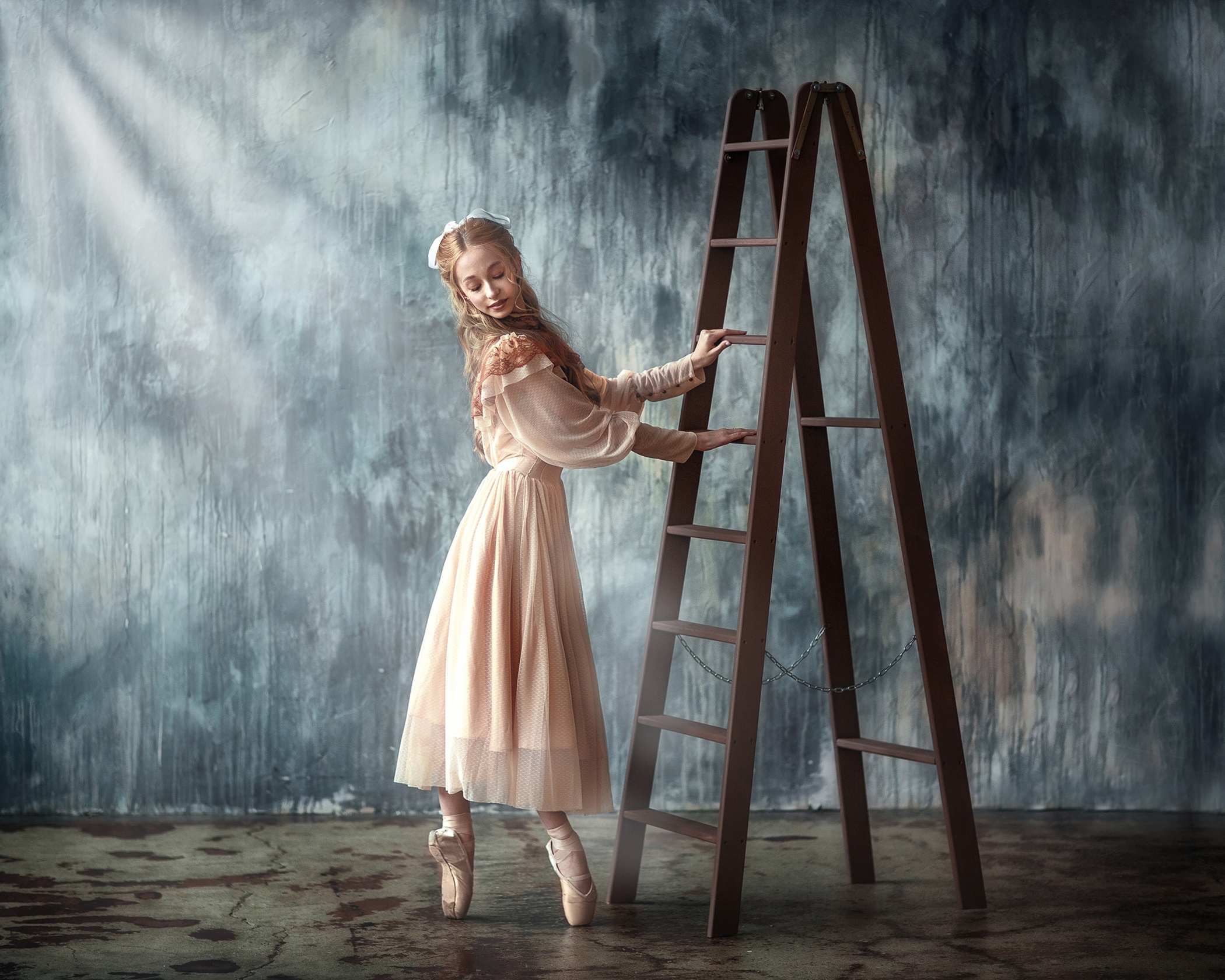women, mood, ballerina, blonde, dress, ladder HD wallpaper