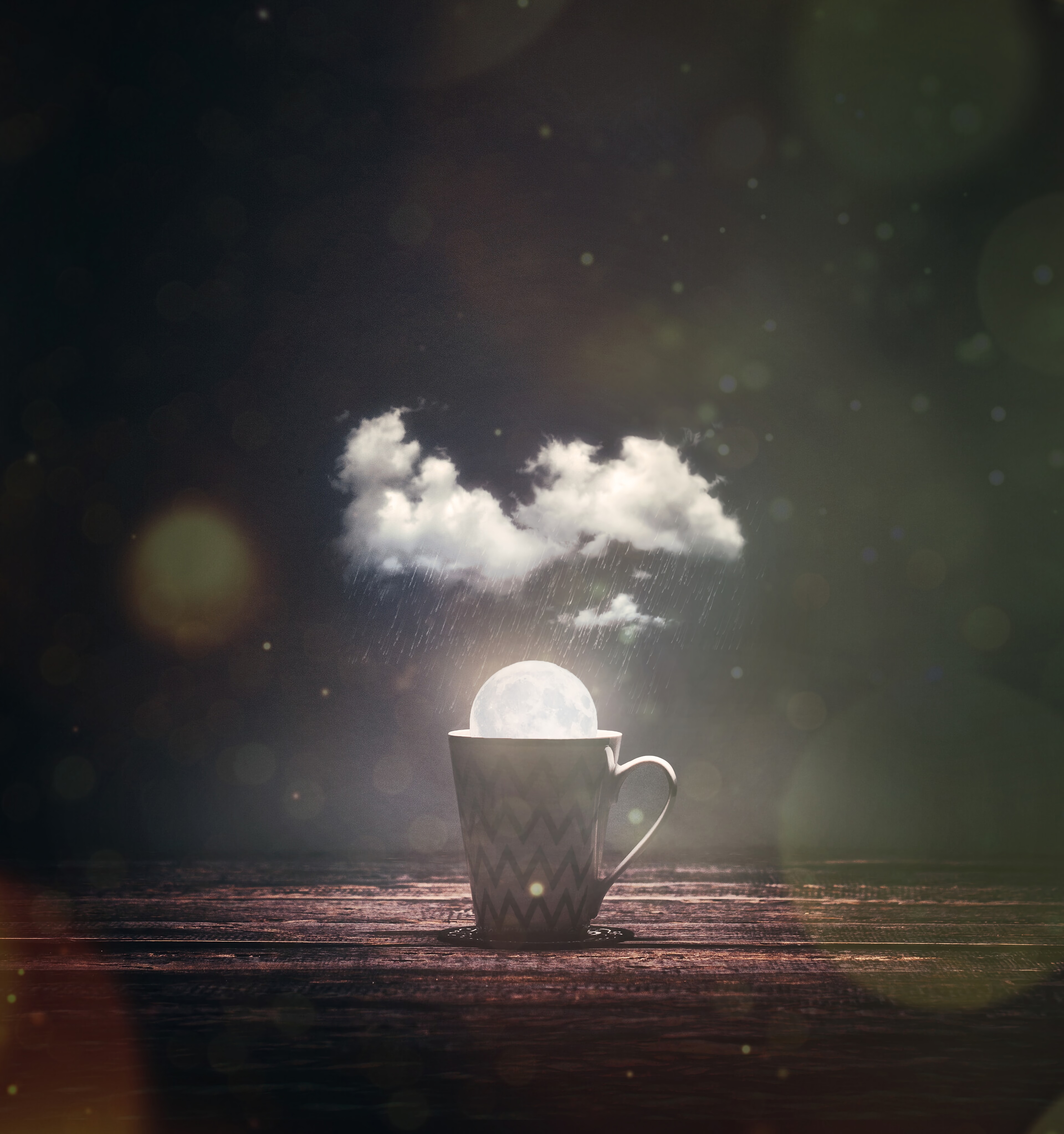 rain, moon, glare, miscellanea, miscellaneous, cup, photoshop, cloud, mug