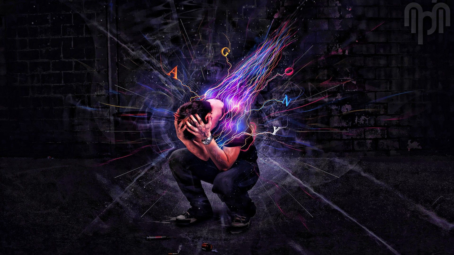 man, emotions, lines, abstract, explosion, paints QHD