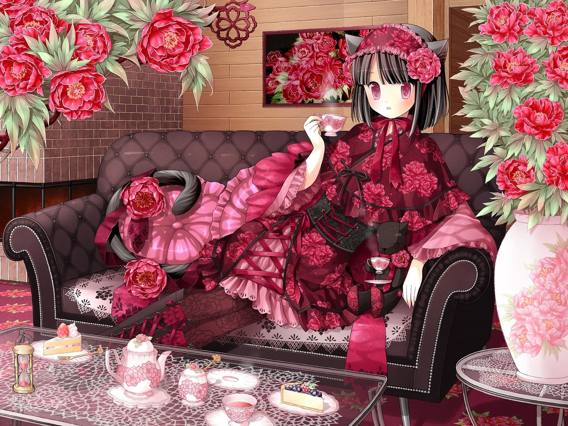 Аниме девушка в кимоно пьет чай