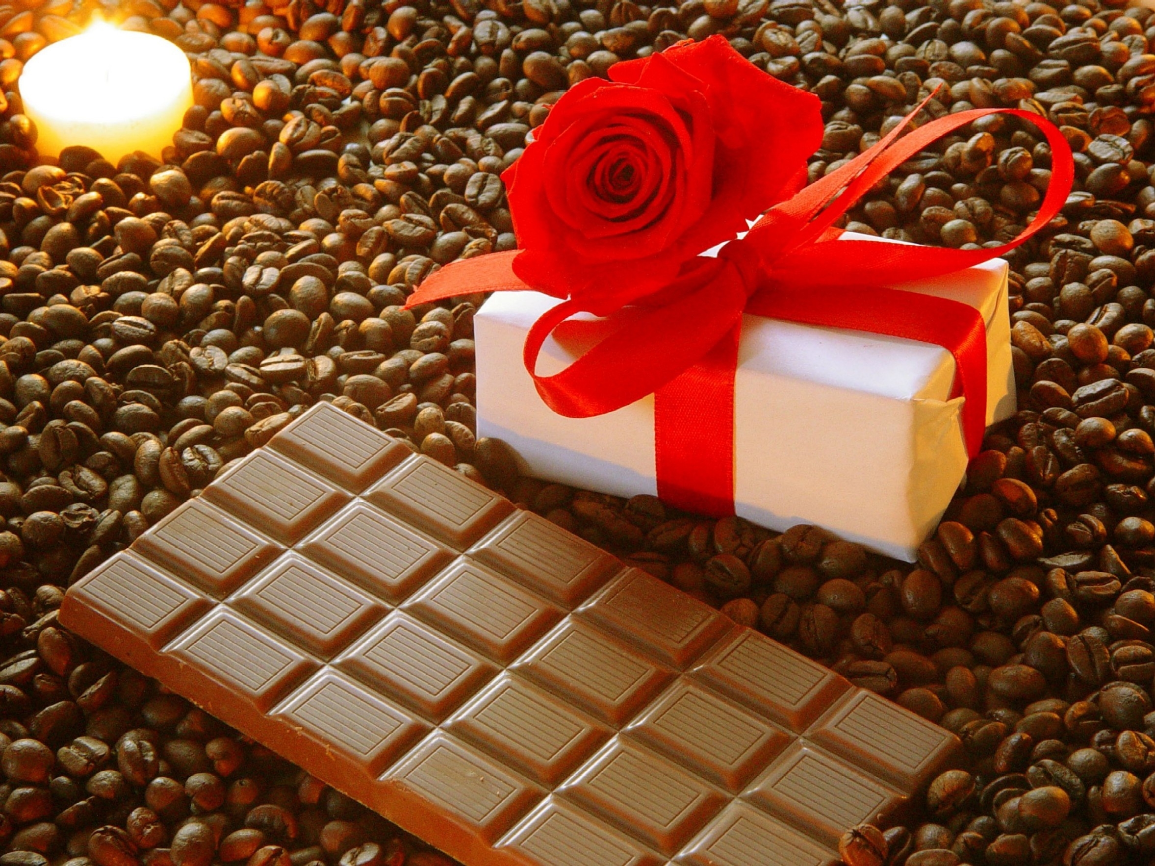 romance, food, chocolate, coffee, rose flower, rose, holiday, present, gift, bow, grains, candle, grain lock screen backgrounds