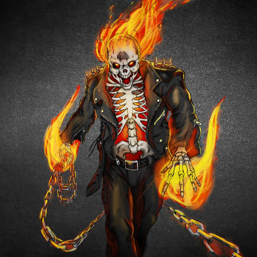 HD desktop wallpaper: Fire, Ghost Rider, Painting, Skull, Leather, Chain,  Skeleton, Comics download free picture #1239840