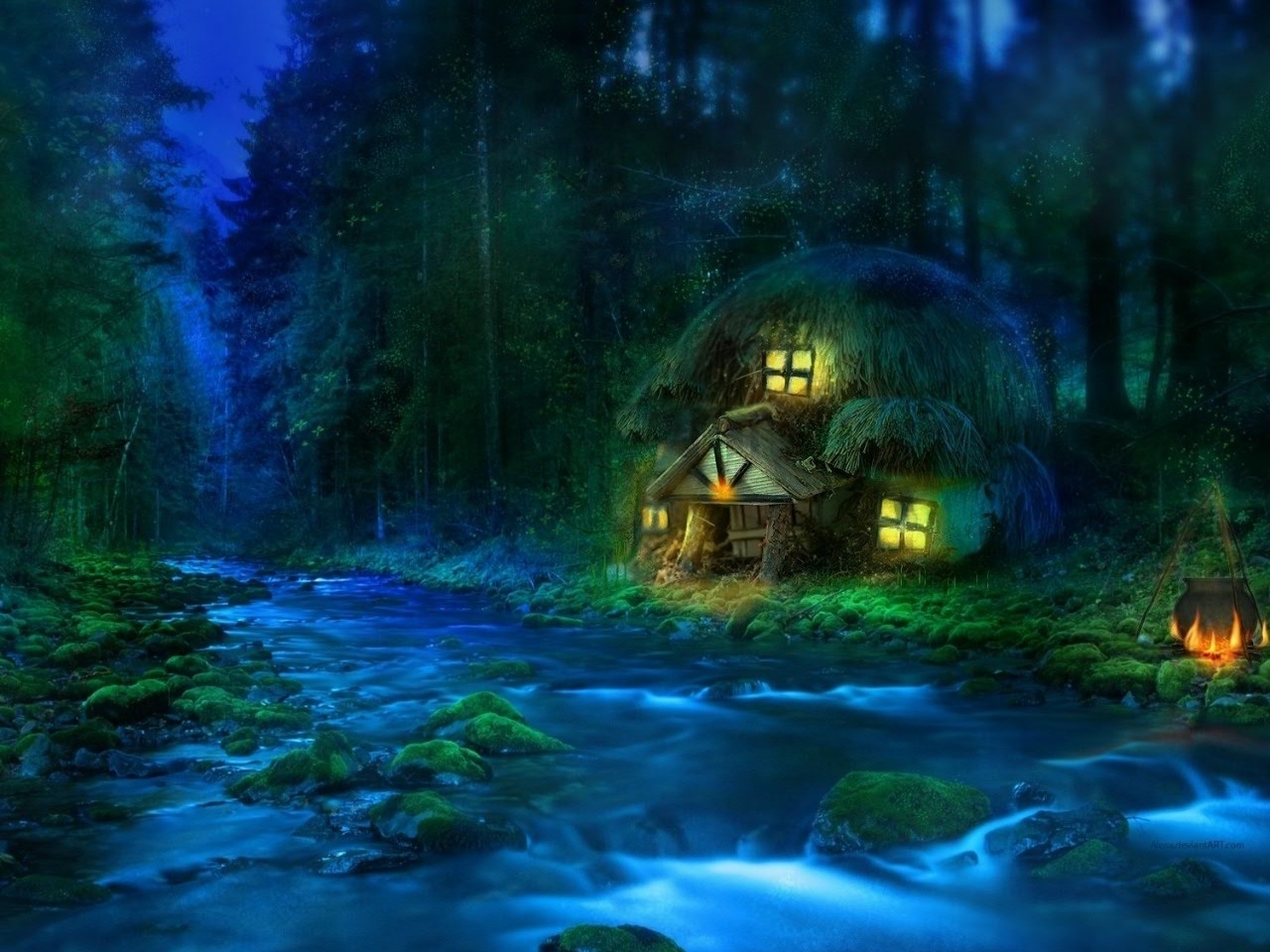fantasy, landscape, houses, rivers QHD